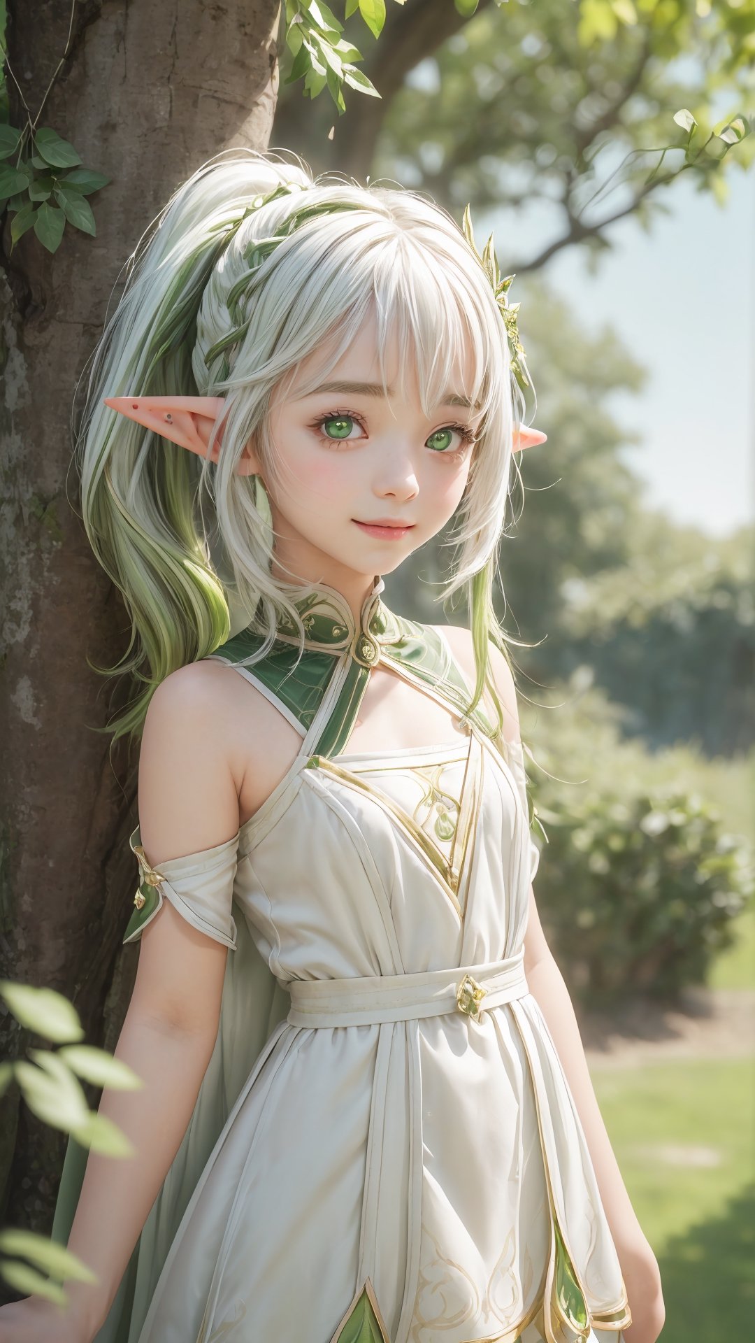 1 girl, solo, nahida, chibi, round face, flat chested, pointy ear(short elf ears), light smile(lips apart), side ponytail, multi coloured hair, glow green eyes, grass, tree, branches, open fields, look at viewer, best quality, (extremely detailed CG unity 8k wallpaper, masterpiece, best quality, ultra-detailed, best shadow), (detailed background), (beautiful detailed face, beautiful detailed eyes), High contrast, (best illumination, an extremely delicate and beautiful), beautiful detailed glow, realistic, dynamic angle, nahidadef,perfect finger, nahidadef, nahida (genshin impact), ,perfect light