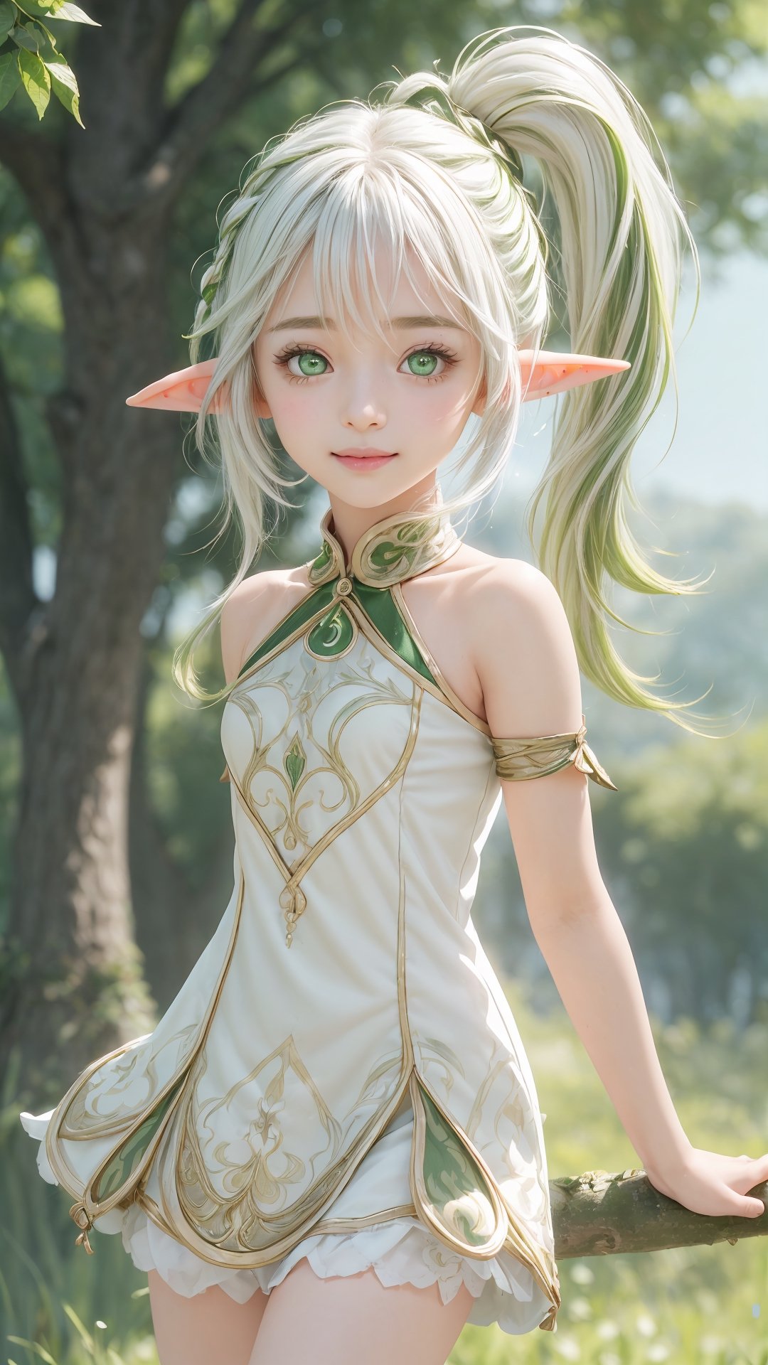 1 girl, solo, nahida, chibi, flat chested, pointy ear(short elf ears), light smile(lips apart), side ponytail, multi coloured hair, glow green eyes, grass, tree, branches, open fields, look at viewer, best quality, (extremely detailed CG unity 8k wallpaper, masterpiece, best quality, ultra-detailed, best shadow), (detailed background), (beautiful detailed face, beautiful detailed eyes), High contrast, (best illumination, an extremely delicate and beautiful), beautiful detailed glow, realistic, dynamic angle, nahidadef,perfect finger, nahidadef, nahida (genshin impact), ,perfect light