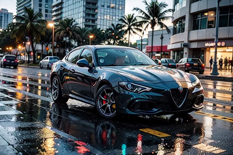 aesthetic photo of Alfa Romeo GTV6, in motion, perfect lighting, miami, high detailed, epic, motion blur, 8K UHD, raining, at night, neons, light reflecting on car,kanedabike