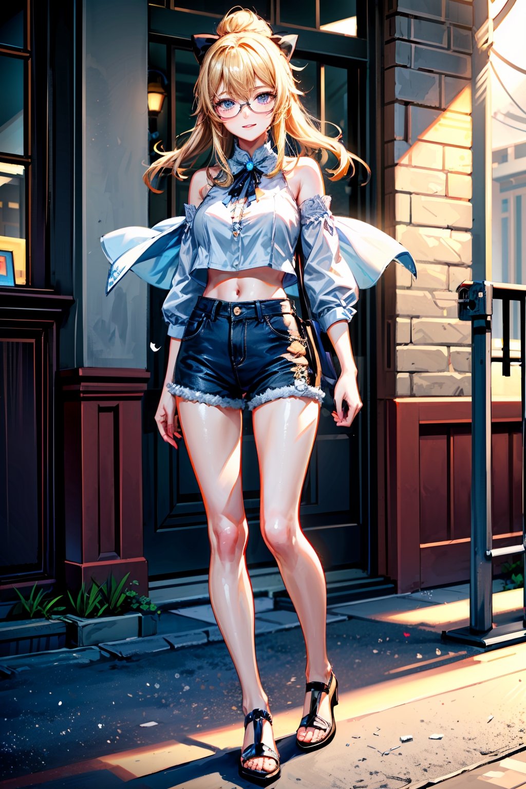 1 girl, crop top, denim, jeans, handbag, noon, nerd glasses, full body, outdoor, street, daytimes,  beautiful smile, masterpiece, best quality, potrait, (extremely detailed CG unity 8k wallpaper, masterpiece, best quality, ultra-detailed, best shadow), (detailed background), (beautiful detailed face, beautiful detailed eyes), High contrast, (best illumination, an extremely delicate and beautiful), dynamic angle, beautiful detailed glow, realistic, perfect light, depth_of_field,perfect light