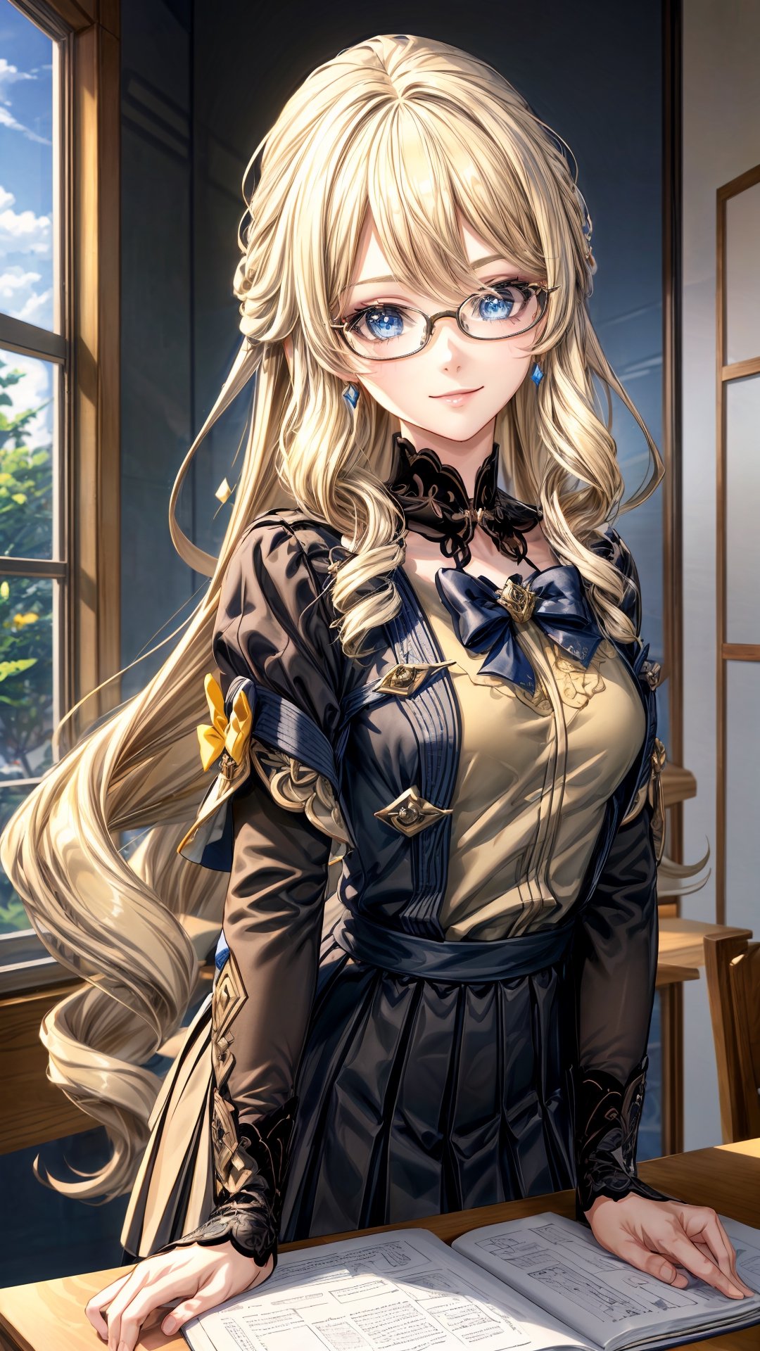 1 girl, solo, mature lady, navia \(genshin impact\), smile, blonde hair, blue eyes, wear glasses(round glasses), yellow bow, small breasts, student, wear japanese school uniform, indoor, classroom, near windows, look at viewer, best quality, potrait, (extremely detailed CG unity 8k wallpaper, masterpiece, best quality, ultra-detailed, best shadow), (detailed background), (beautiful detailed face, beautiful detailed eyes), High contrast, (best illumination, an extremely delicate and beautiful),  realistic, ,navia (genshin impact),perfect light,navia \(genshin impact\)