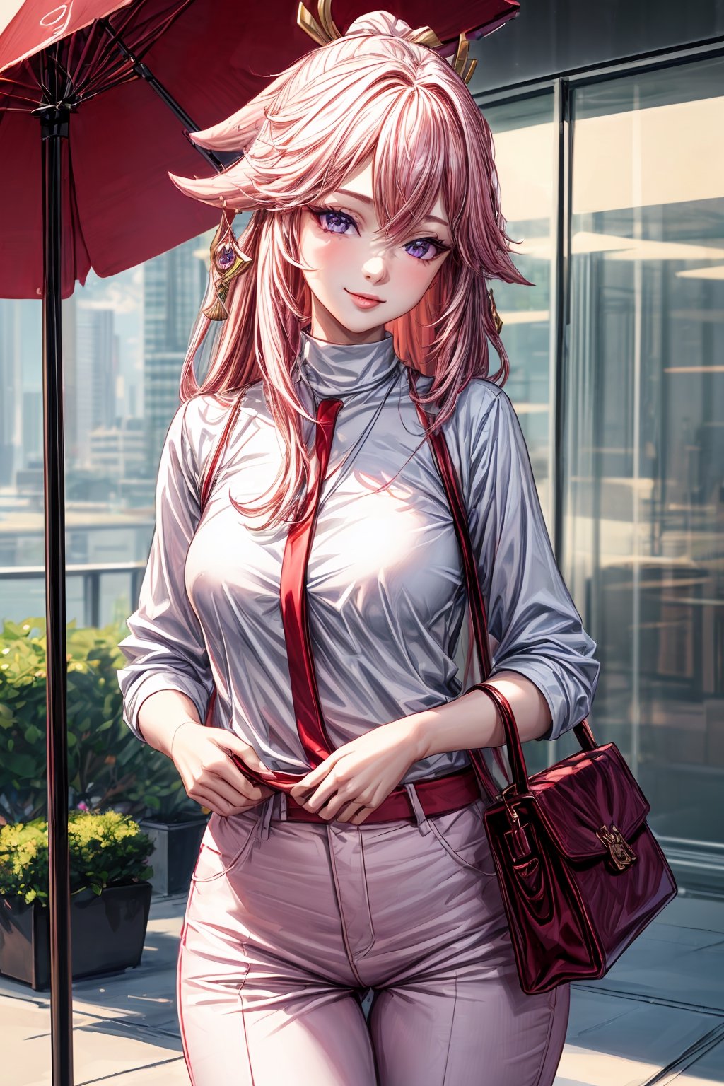 1 girl, solo, yaemiko, purple eyes, mature lady, office lady, wear office outfits (white shirt, red pants, handbag), outdoor, skaura tree,  smile, lips apart, masterpiece, best quality, (extremely detailed CG unity 8k wallpaper, masterpiece, best quality, ultra-detailed, best shadow), (detailed background), (beautiful detailed face, beautiful detailed eyes), High contrast, (best illumination, an extremely delicate and beautiful), dynamic angle, beautiful detailed glow, realistic, yaemiko,