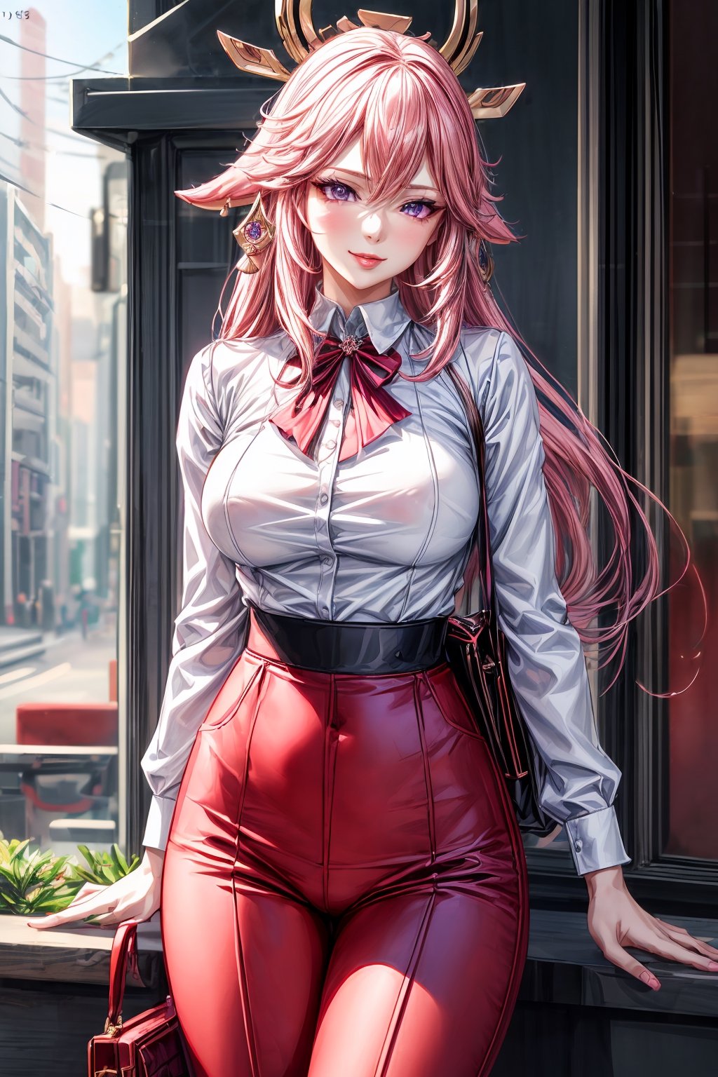 1 girl, solo, yaemiko, purple eyes, mature lady, office lady, wear office outfits (white shirt, red pants, handbag), outdoor, smile, lips apart, masterpiece, best quality, (extremely detailed CG unity 8k wallpaper, masterpiece, best quality, ultra-detailed, best shadow), (detailed background), (beautiful detailed face, beautiful detailed eyes), High contrast, (best illumination, an extremely delicate and beautiful), dynamic angle, beautiful detailed glow, realistic, yaemiko,