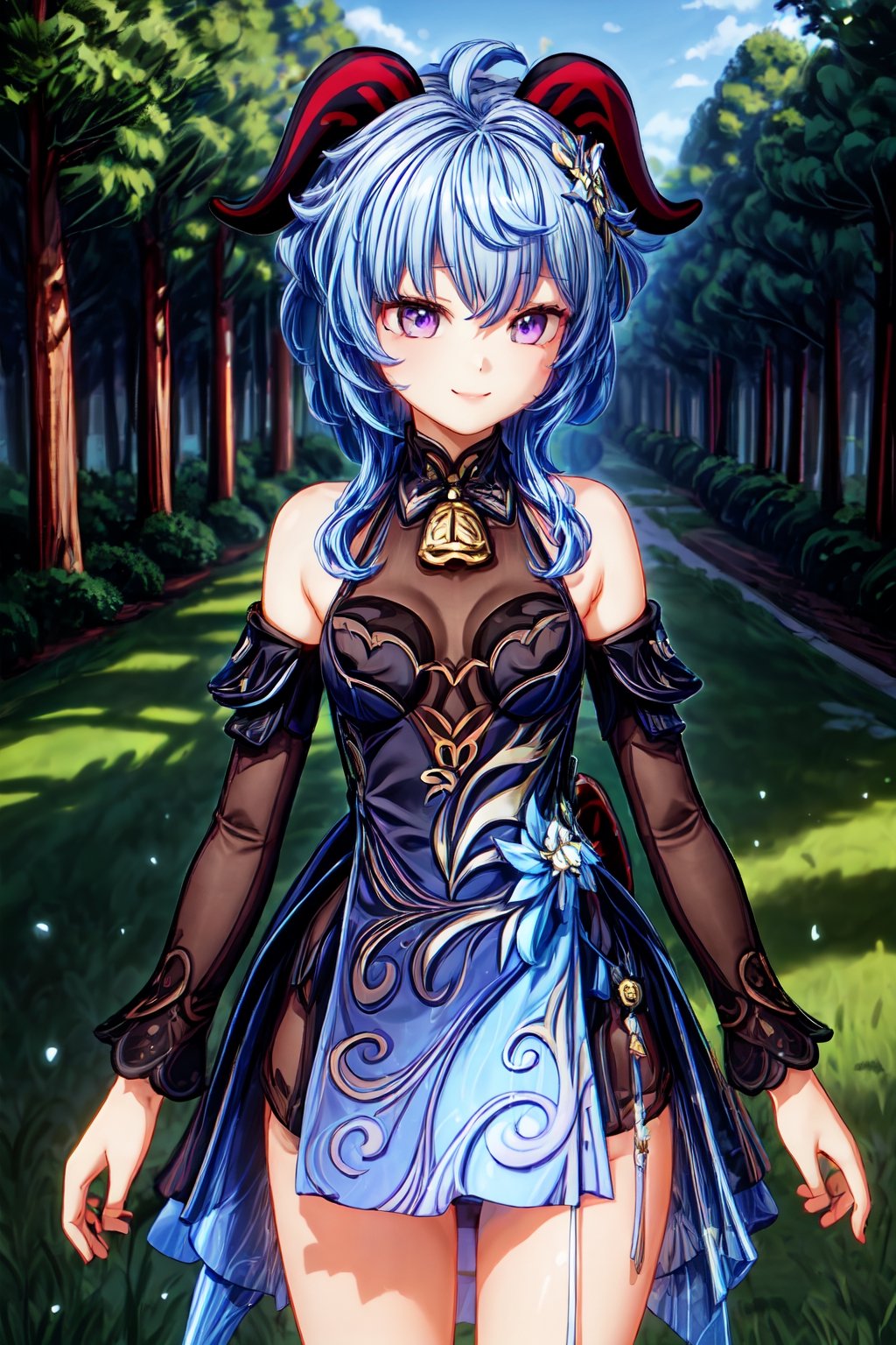 1girl, solo, blue hair, purple eyes, red horns, neck bell, bare shoulder, bare legs, detachable long sleeves, medium breast, black undershirt, neck tie undershirt, beautiful smile, outdoor, daytime, grass, open field, trees, look at viewer, facing away, best quality, potrait, (extremely detailed CG unity 8k wallpaper, masterpiece, best quality), (detailed background), High contrast, (best illumination, an extremely delicate and beautiful), realistic, perfect light,ganyu \(genshin impact\)