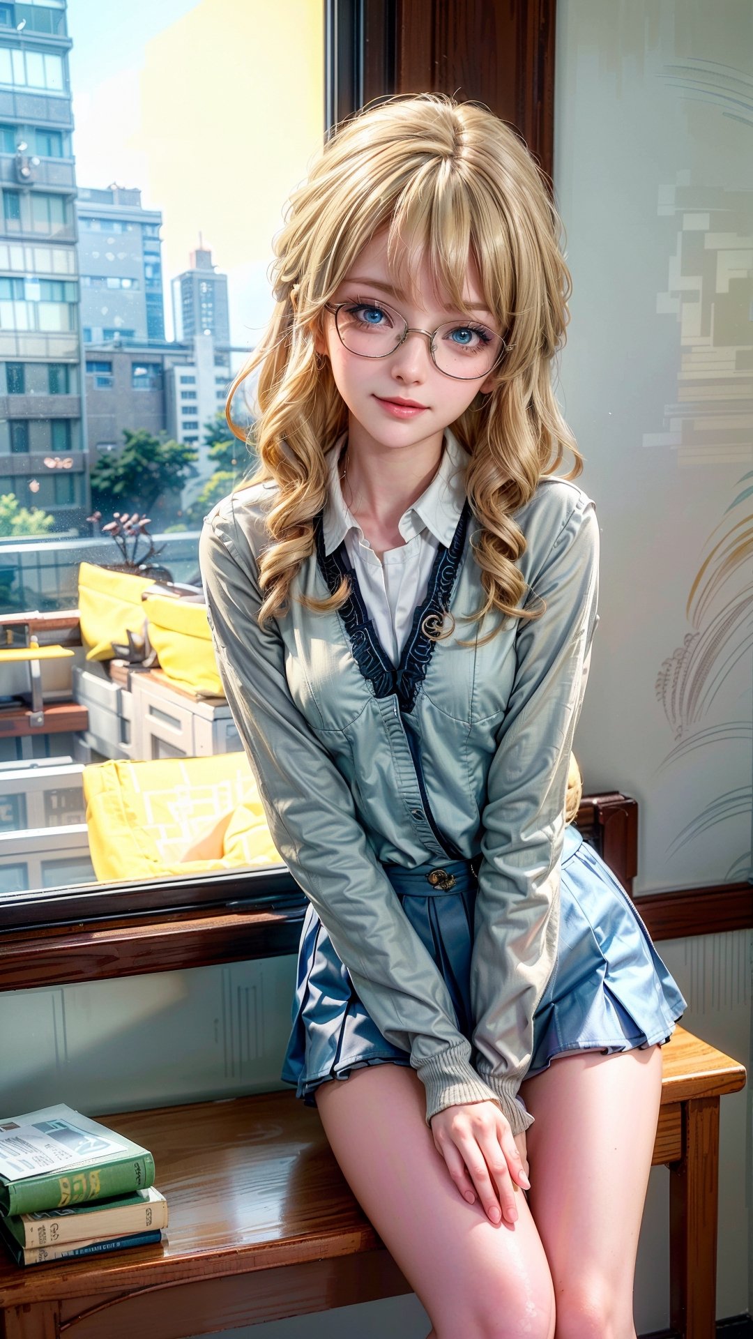 1 girl, solo, mature lady, navia \(genshin impact\), smile, blonde hair, blue eyes, wear glasses(round glasses), yellow bow, small breasts, student, wear japanese school uniform, indoor, classroom, near windows, look at viewer, best quality, potrait, (extremely detailed CG unity 8k wallpaper, masterpiece, best quality, ultra-detailed, best shadow), (detailed background), (beautiful detailed face, beautiful detailed eyes), High contrast, (best illumination, an extremely delicate and beautiful),  realistic, ,navia (genshin impact),perfect light,navia \(genshin impact\)