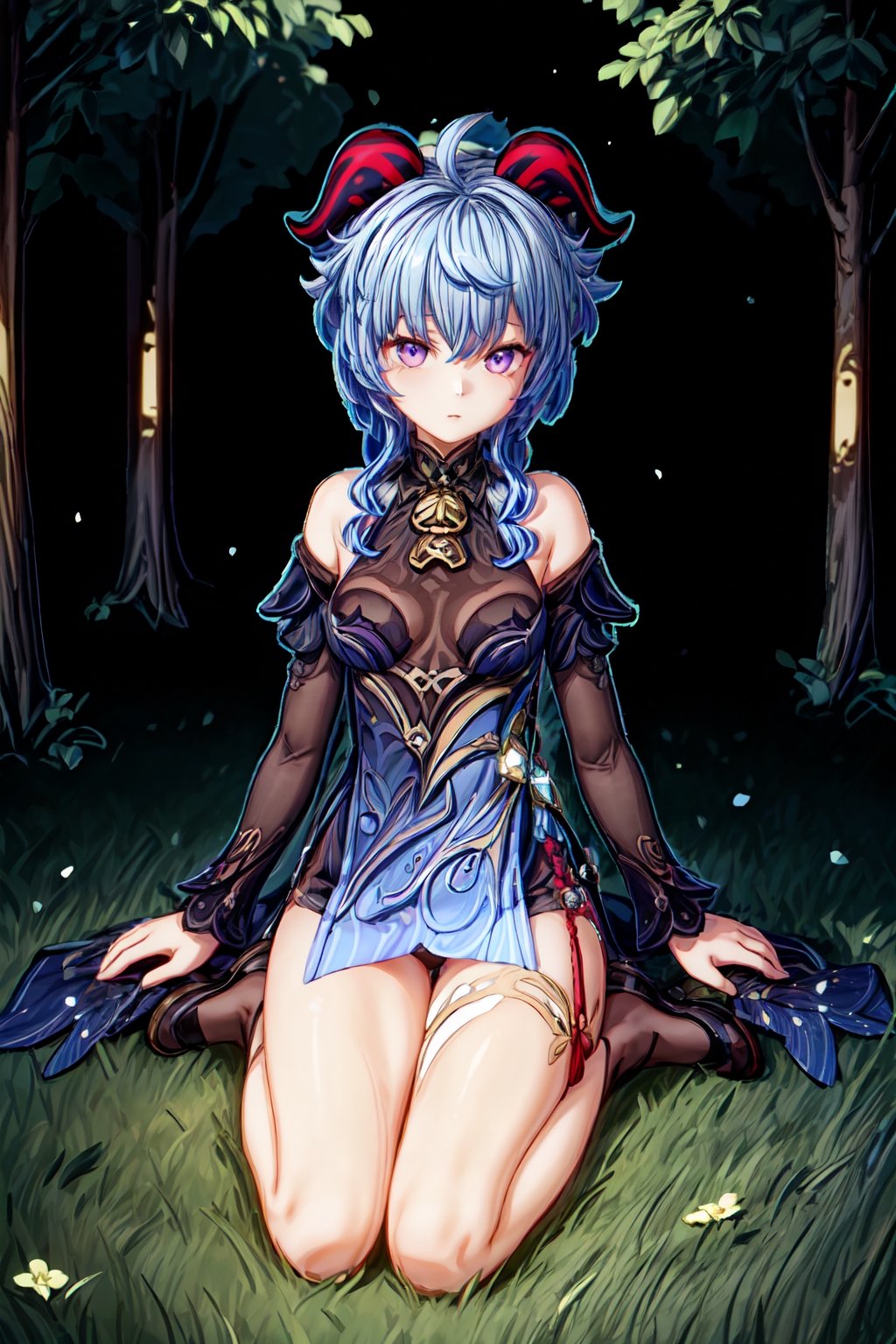 1girl, solo, blue hair, purple eyes, red horns, neck bell, bare shoulder, bare legs, detachable long sleeves, medium breast, black undershirt, neck tie undershirt, outdoor, daytime, grass, open field, trees, look at viewer, best quality, potrait, (extremely detailed CG unity 8k wallpaper, masterpiece, best quality), (detailed background), High contrast, (best illumination, an extremely delicate and beautiful), realistic, perfect light,ganyu \(genshin impact\)