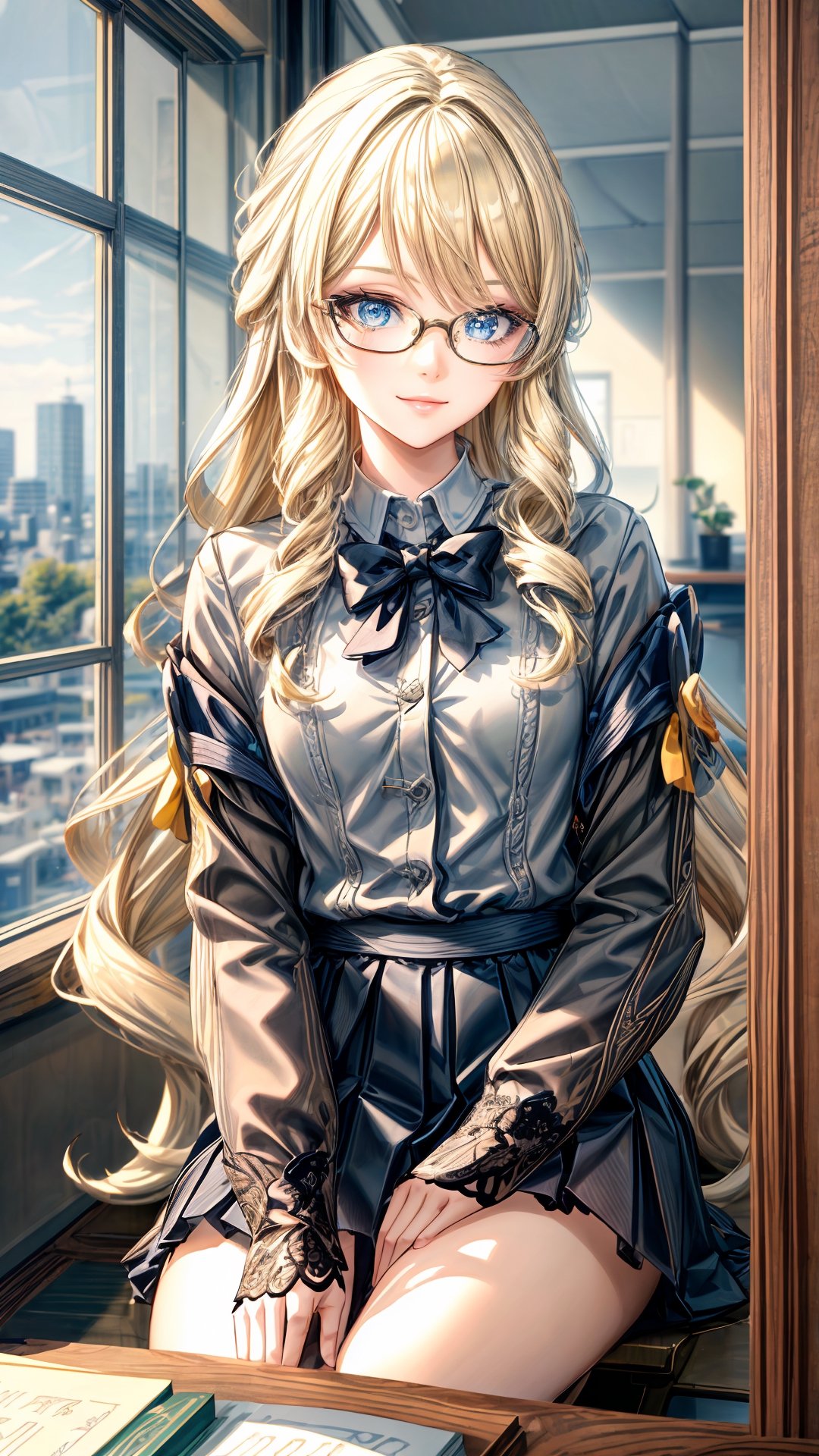 1 girl, solo, mature lady, navia \(genshin impact\), smile, blonde hair, blue eyes, wear glasses(round glasses), yellow bow, small breasts, student, wear japanese school uniform, indoor, classroom, near windows, look at viewer, best quality, potrait, (extremely detailed CG unity 8k wallpaper, masterpiece, best quality, ultra-detailed, best shadow), (detailed background), (beautiful detailed face, beautiful detailed eyes), High contrast, (best illumination, an extremely delicate and beautiful),  realistic, ,navia (genshin impact),perfect light,navia \(genshin impact\)