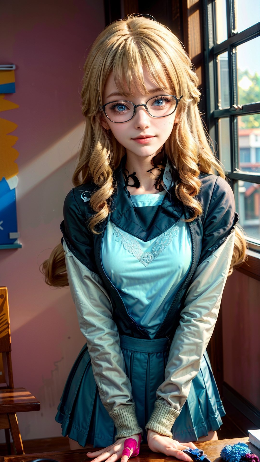 1 girl, solo, mature lady, navia \(genshin impact\), smile, blonde hair, blue eyes, wear glasses(round glasses), yellow bow, small breasts, student, wear japanese school uniform, indoor, classroom, near windows, look at viewer, best quality, potrait, (extremely detailed CG unity 8k wallpaper, masterpiece, best quality, ultra-detailed, best shadow), (detailed background), (beautiful detailed face, beautiful detailed eyes), High contrast, (best illumination, an extremely delicate and beautiful),  realistic, ,navia (genshin impact),perfect light,navia \(genshin impact\)