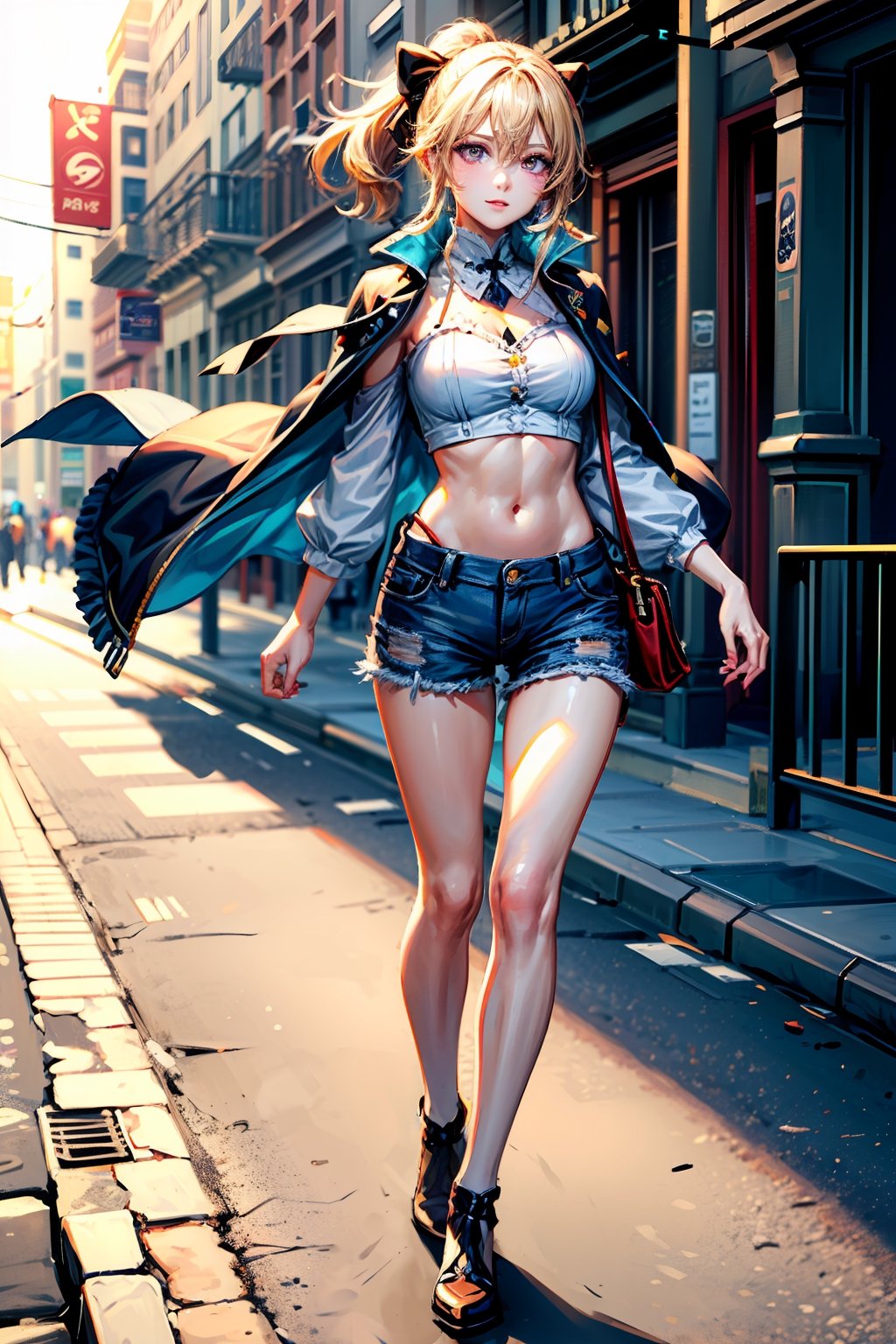 1 girl, crop top, denim, jeans, handbag, noon, eyewear on head, full body, outdoor, street, daytimes,  beautiful smile, masterpiece, best quality, potrait, (extremely detailed CG unity 8k wallpaper, masterpiece, best quality, ultra-detailed, best shadow), (detailed background), (beautiful detailed face, beautiful detailed eyes), High contrast, (best illumination, an extremely delicate and beautiful), dynamic angle, beautiful detailed glow, realistic, perfect light, depth_of_field,perfect light