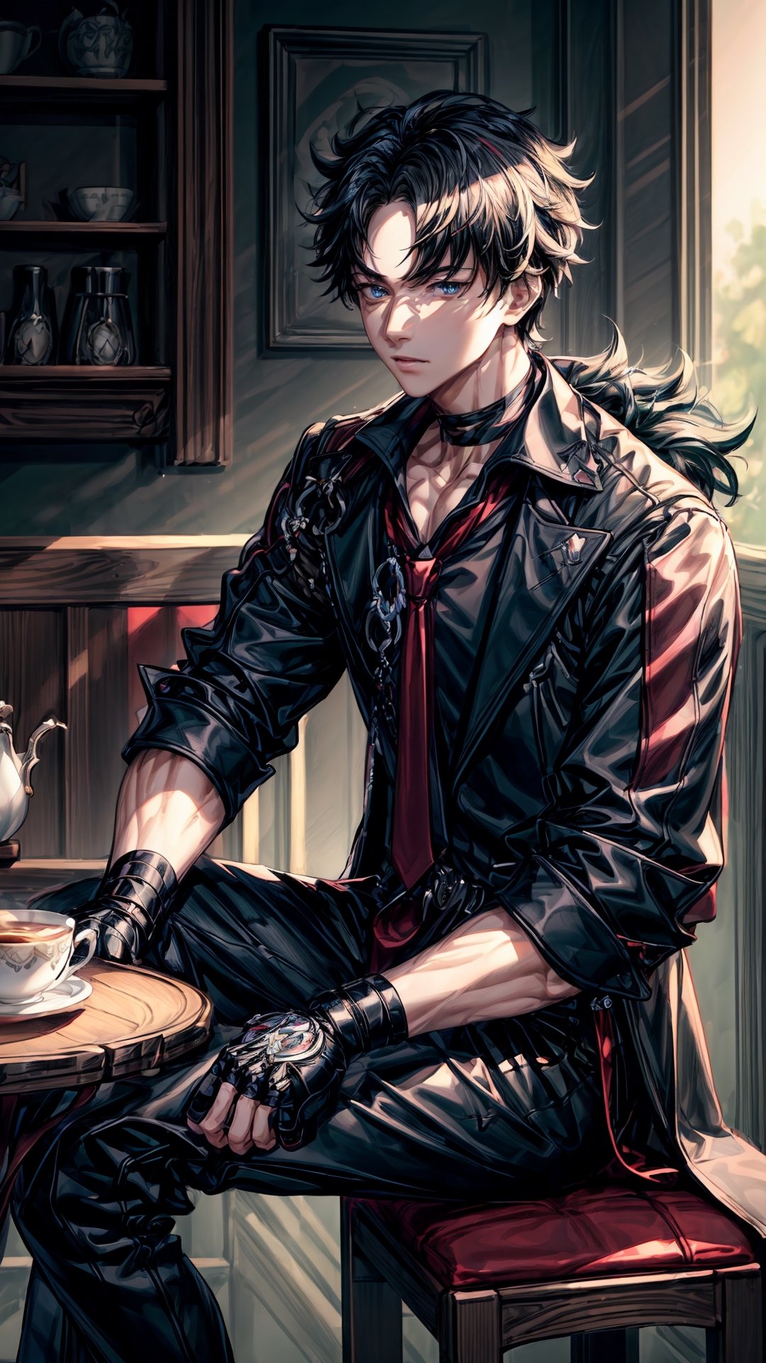 1 boy, solo, black hair, multicolored hair, short hair, blue eyes  Outfit prompts : collared shirt, red necktie, jewelry, black gloves, choker, black belt, black coat, boots, grey pants, sleeves rolled up, jacket, gangsters, sitting, coffee table, tea cup, tea pot, enjoying tea at cafe shop, outdoor, noon, majestic, masterpiece, best quality, (extremely detailed CG unity 8k wallpaper, masterpiece, best quality, ultra-detailed, best shadow), (detailed background), High contrast, (best illumination), dynamic angle, detailed glow, full body, realistic, wriothesley