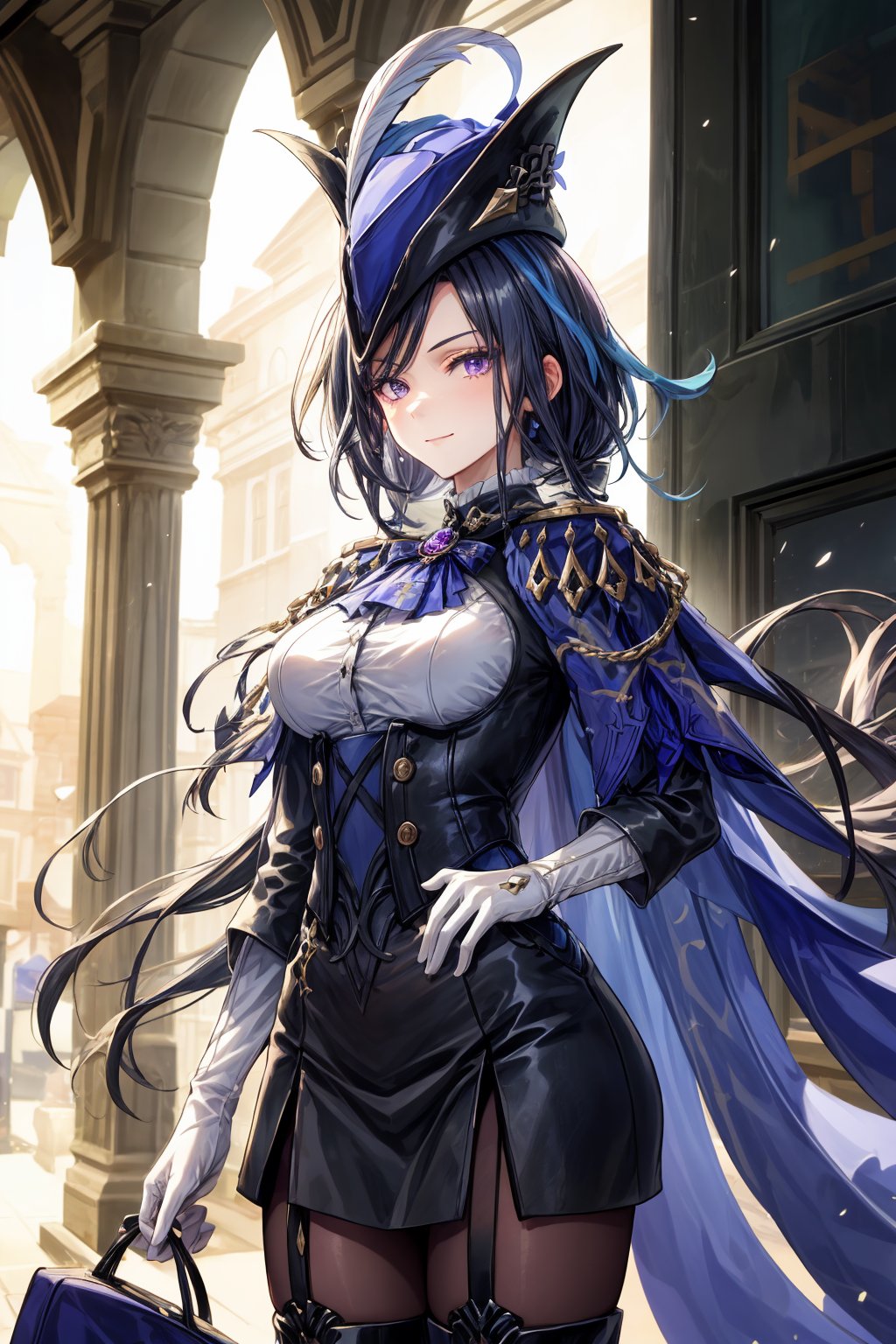 Clorinde from Genshin Impact stands confidently in a sun-drenched outdoor setting, her striking attire drawing attention. A tricorne hat adorns her deep blue hair, adorned with a hat feather, as she gazes directly at the viewer with purple eyes and a subtle smile. Her black jacket, white gloves, and black pantyhose are complemented by fold-over boots, creating a dramatic silhouette. The blue cape flowing behind her partially conceals her corset-covered breasts, adding to the mystique. Perfect lighting illuminates the simple background, highlighting Clorinde's enigmatic demeanor and captivating features.