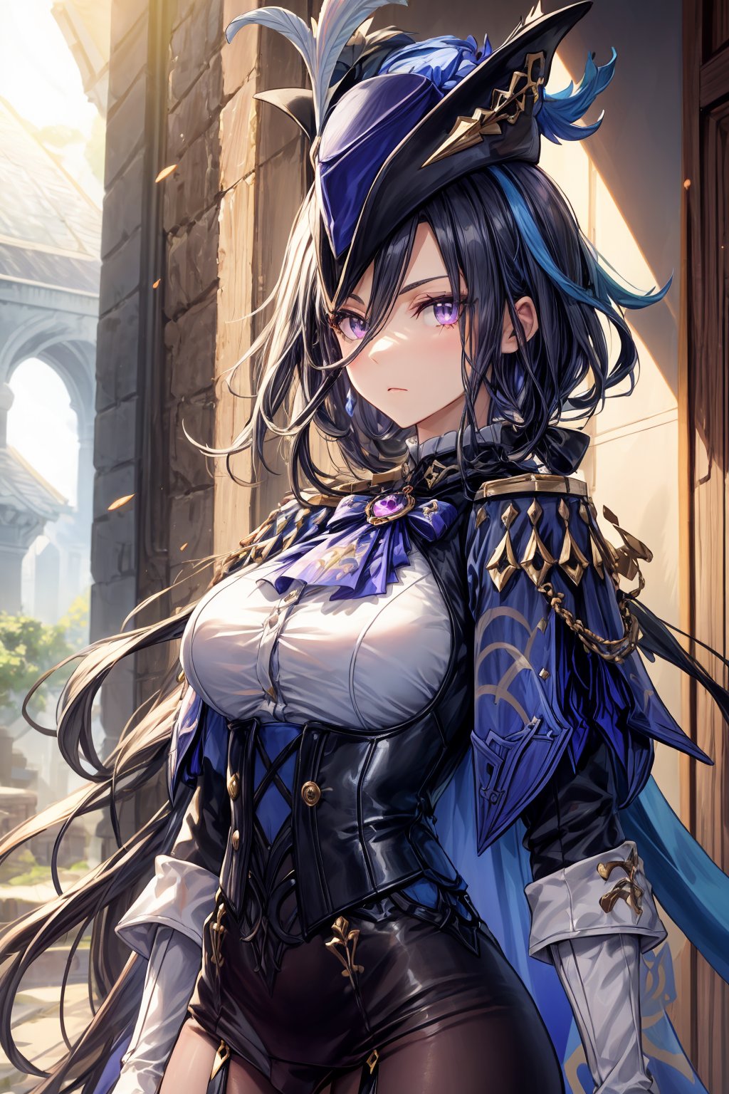 A mature Clorinde from Genshin Impact stands solo in a bright outdoor setting on a sunny day. She wears a striking outfit featuring white gloves, black pantyhose, and a black jacket with fold-over boots. A tricorne hat sits atop her deep blue hair, adorned with a hat feather. Her purple eyes gaze directly at the viewer, exuding a pensive atmosphere. A blue cape flows behind her, partially obscuring her large breasts covered by a corset. The simple background is illuminated by perfect light, accentuating her features and mysterious demeanor.,clorinde \(genshin impact\),clorinde_genshin_impact,clorinde (genshin impact)