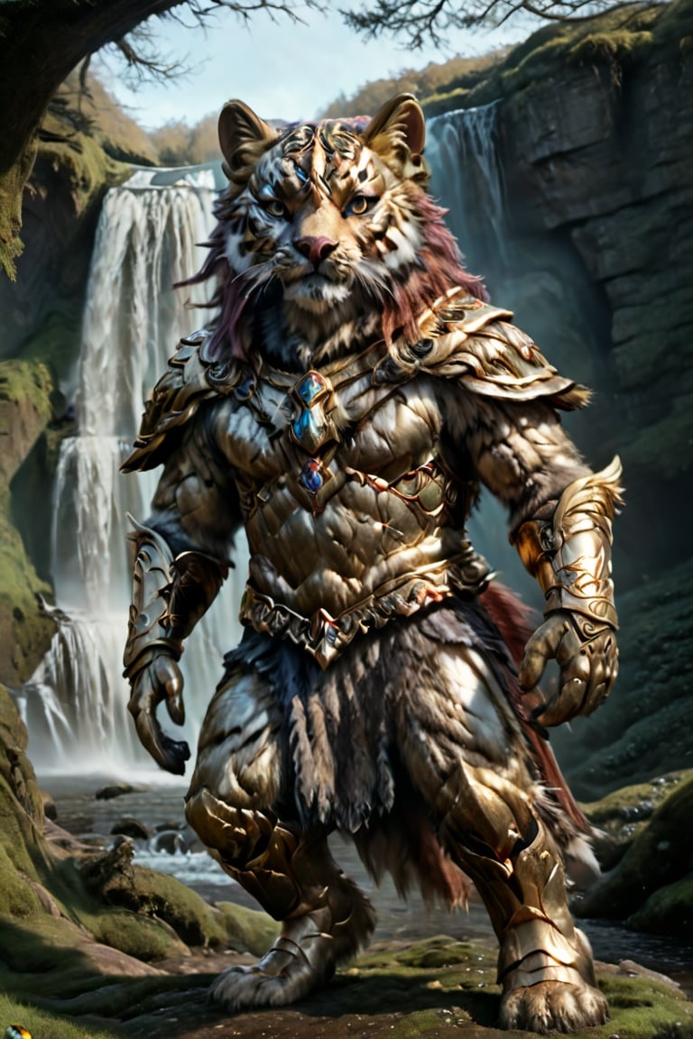 "tiger-like fenris crown prince handsome male humanoid character furry full_body sleek hero, dynamic pose, ornate regal divine angel bismuth armor”, photo award winner, detailed anime 3D painting, saturated jewel hues, epic rococo D&D fantasy, nature waterfalls ruins moss sunrise, godlike aura, art nouveau poster, chiaroscuro, 14K, UHD, perfecteyes, photo r3al, Masterpiece, more detail XL, DonMG414XL, Movie Still,