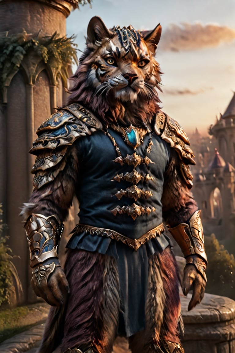 "tiger-like fenris crown prince handsome 30s male humaniod character furry body sleek hero, dynamic pose, ornate regal mage armor”, photo award winner, detailed anime 3D painting, saturated jewel hues, ancient far_future epic rococo D&D fantasy castles sunset aura, chiaroscuro, 14K, UHD, perfecteyes, photo r3al, Masterpiece, more detail XL, DonMG414XL, Movie Still,