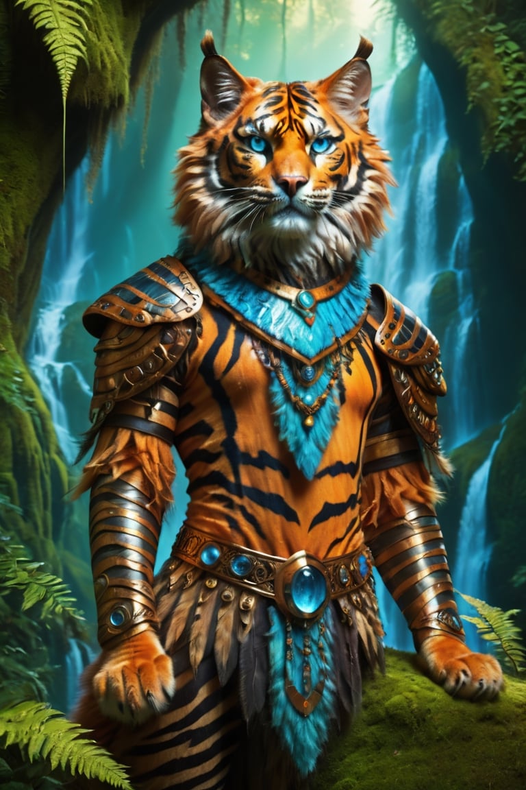 (tiger-like humanoid orange_fur black_striped handsome feline prince male epic hero, sleek furry full_body ethereal earth_guardian D&D character, “dreamy detailed deep_blue cat_eyes” agile dynamic pose, perfect anatomy), (native indian tribal enchanted druid bismuth armor leaves redwood filigree, silk leather loincloth-leggings, ornate green blue purple cool_color_pallette), (lush nature beauty waterfall mist moss ferns old_growth temperate_rainforest sunset), Fantasy Rococo Art_Nouveau poster, photo award winner, intricate anime 3D painting, sharp focus, chiaroscuro, 14K, UHD, photo r3al, realhands, Masterpiece, more detail XL, DonMG414XL, Movie Still, 
