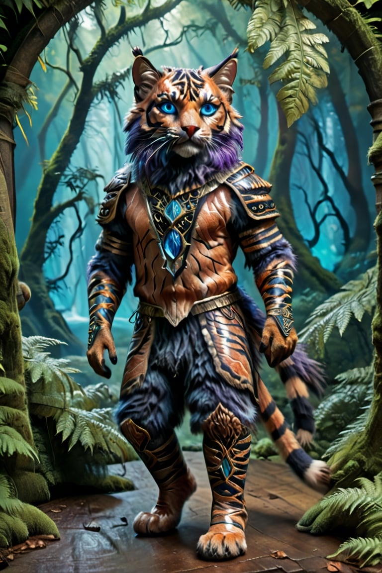 (tiger-like orange_fur black_striped feline humanoid prince handsome male sleek furry full_body epic divine earth_guardian character, “dreamy detailed deep_blue cat_eyes” agile dynamic pose), (native indian tribal enchanted druid armor leaves redwood filigree, silk breechcloth leather leggings, ornate holy iridescent green blue purple jewel tones, nature beauty waterfall mist moss ferns lush old_growth rainforest sunset), D&D Fantasy Rococo Art_Nouveau poster, photo award winner, intricate anime 3D painting, chiaroscuro, 14K, UHD, photo r3al, Masterpiece, more detail XL, DonMG414XL, Movie Still, 
