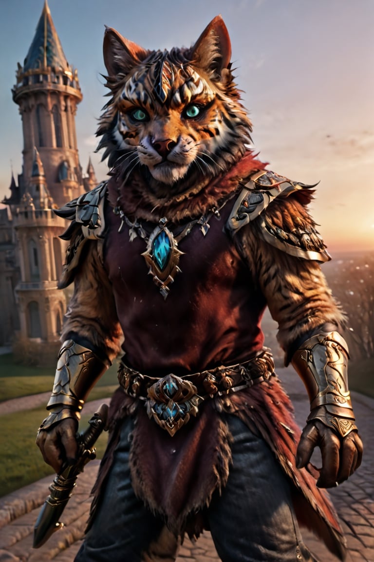 "tiger-like fenris crown prince handsome 30s male character furry body sleek hero, dagger in hand, dynamic pose, ornate regal leather ninja armor”, photo award winner, detailed anime 3D painting, saturated hues, jewel tones, epic rococo future tech D&D fantasy castles clouds sunset aura, chiaroscuro, 14K, UHD, perfecteyes, photo r3al, Masterpiece, more detail XL, DonMG414XL, Movie Still,