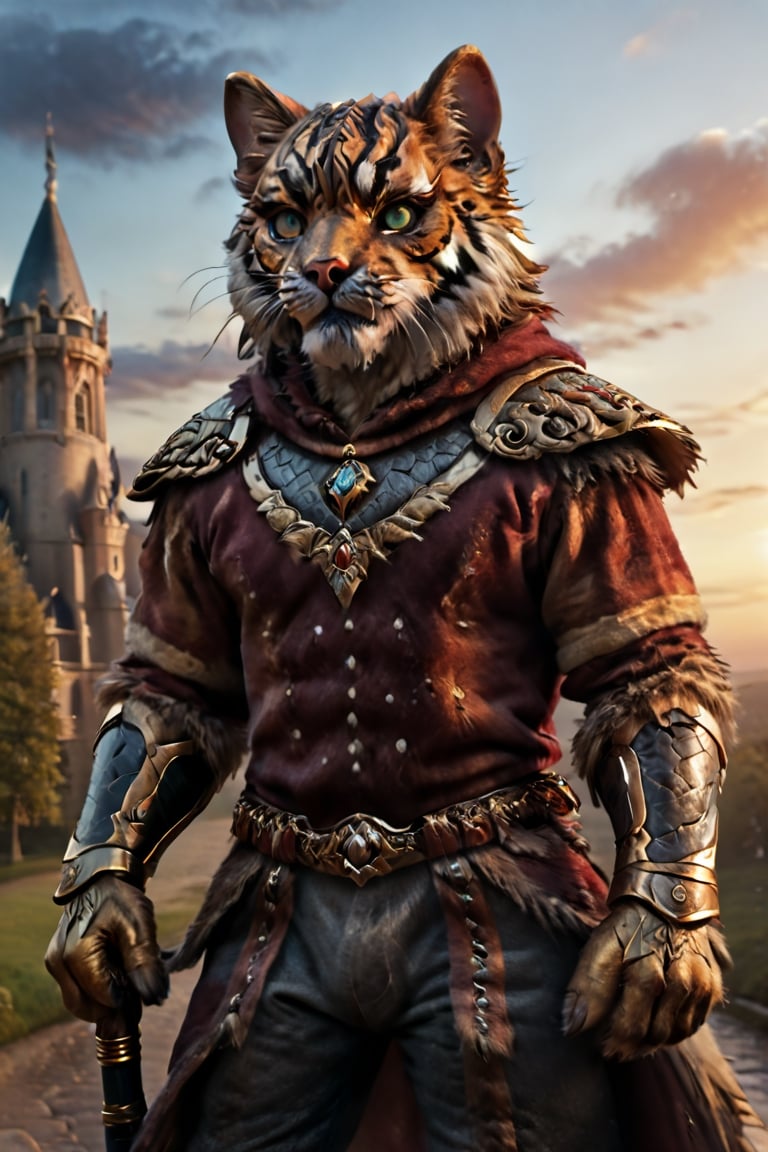 "tiger-like fenris crown prince handsome 30s male character furry body sleek hero, sword in hand, dynamic pose, ornate regal leather armor, Tygra, Thundera, Thundercat”, photo award winner, detailed anime 3D painting, saturated hues, jewel tones, epic rococo future tech D&D fantasy castles clouds sunset aura, chiaroscuro, 14K, UHD, perfecteyes, photo r3al, Masterpiece, more detail XL, DonMG414XL, Movie Still, 