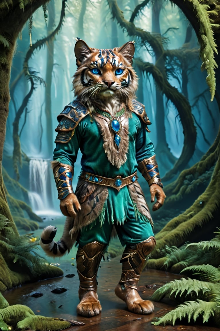 (tiger-like feline humanoid prince handsome male sleek wet furry full_body epic divine nature guardian character, “dreamy detailed deep_blue cat_eyes” qigong pose), (native indian tribal druid silk breechcloth leggings, ornate glassy polished burlwood enchanted armor inset polished cabochons leafs feathers adorned, green serpentine "blue paraíba tourmaline" amethyst hues, nature beauty waterfall mist sacred_grove moss ferns giant_redwoods dawn), LOTR Fantasy Rococo Art_Nouveau poster, photo award winner, intricate anime 3D painting, chiaroscuro, 14K, UHD, photo r3al, Masterpiece, more detail XL, DonMG414XL, Movie Still, 