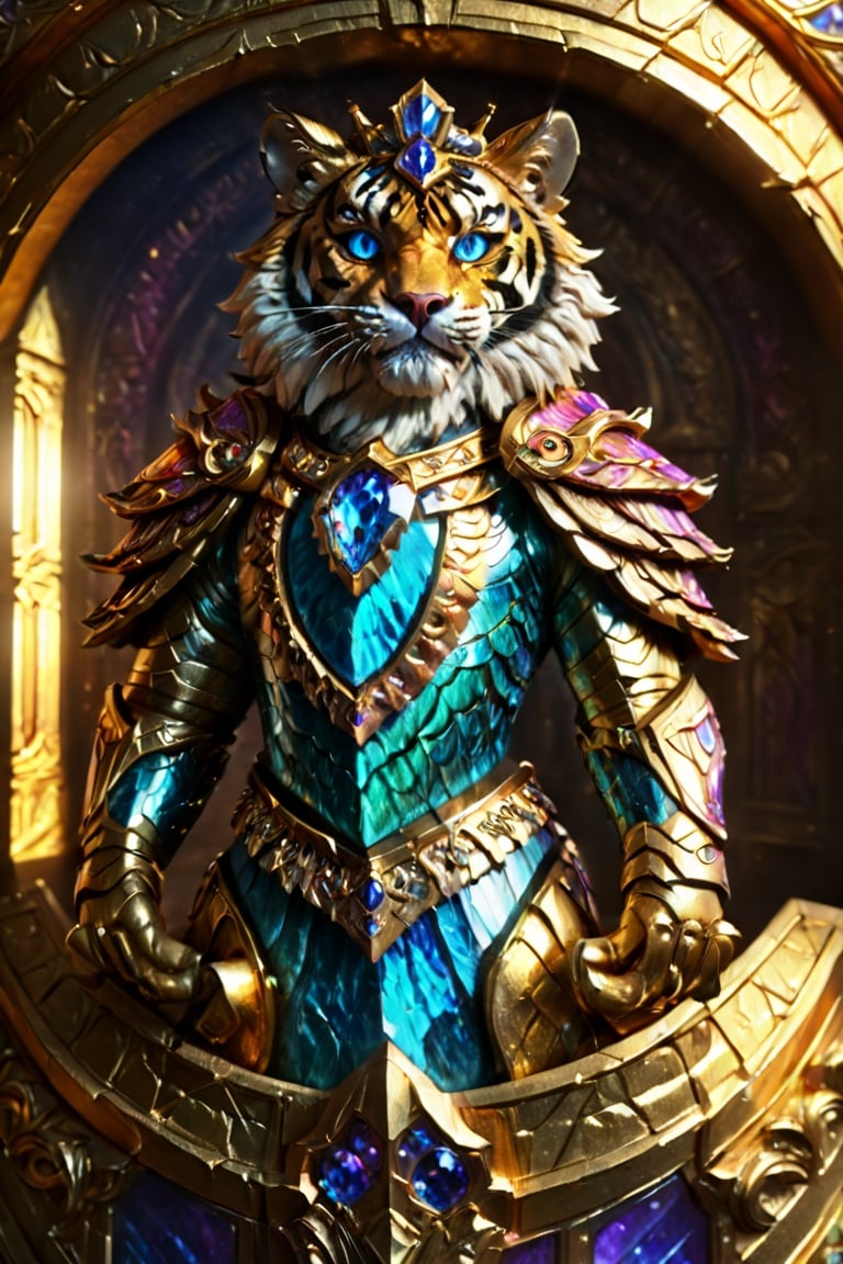 "tiger-like fenris crown prince handsome male humanoid character furry body sleek hero, victory dynamic pose shot, regal ornate enchanted bismuth armor”, photo award winner, detailed anime 3D painting, saturated jewel hues, epic rococo D&D fantasy castles sunrise godlike aura, art nouveau elaborate poster, chiaroscuro, 8K, UHD, perfecteyes, photo r3al, Masterpiece, more detail XL, DonMG414XL, Movie Still, 