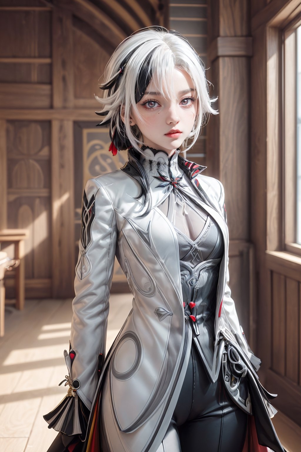 1 girl, solo, age 40, mature lady, Arlecchino(genshin impact), arlecchino, white hair, black hair, multicolored hair, red x-shaped pupils, black eyes, beautiful smile, arle_suit, hands behind back, indoor, bright, masterpiece, best quality, (extremely detailed CG unity 8k wallpaper, masterpiece, best quality, ultra-detailed, best shadow), (detailed background), potrait, High contrast, realistic, perfect light, perfect light, arlecchino, hair between eyes,perfect light