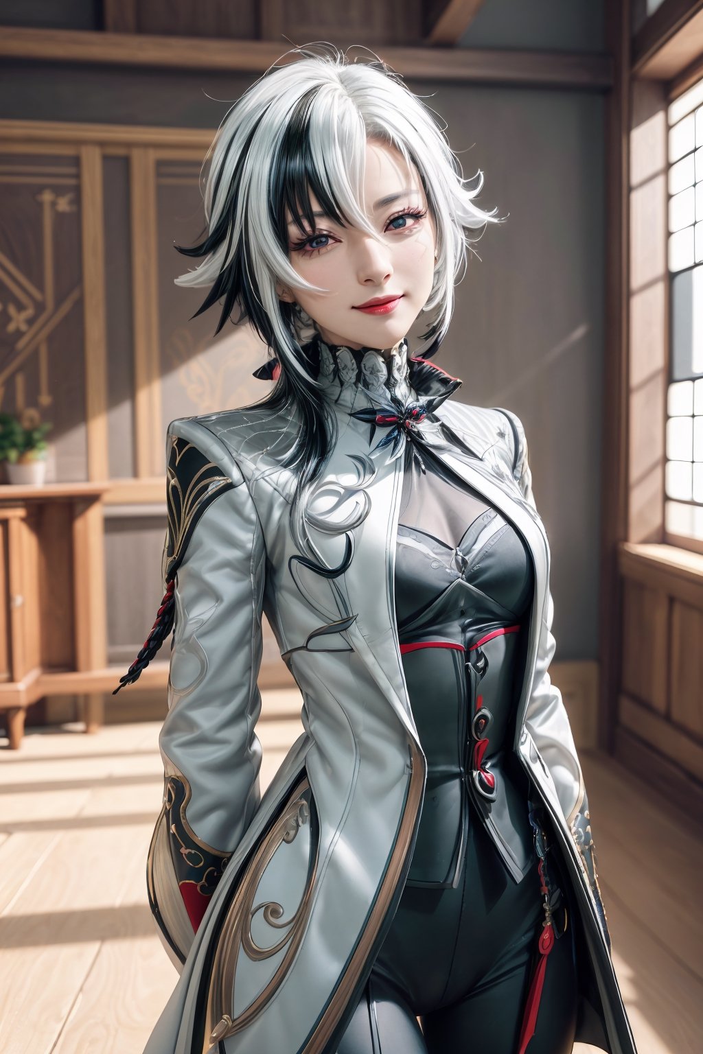 1 girl, solo, age 40, mature lady, Arlecchino(genshin impact), arlecchino, white hair, black hair, multicolored hair, x-shaped pupils, black eyes, beautiful smile, arle_suit, hands behind back, indoor, bright, masterpiece, best quality, (extremely detailed CG unity 8k wallpaper, masterpiece, best quality, ultra-detailed, best shadow), (detailed background), potrait, High contrast, realistic, perfect light, perfect light, arlecchino, hair between eyes,perfect light