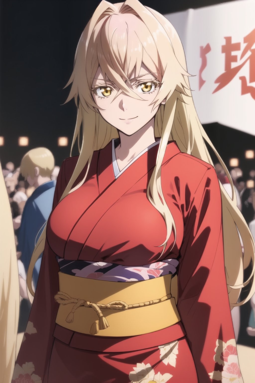 Azest kingscrown, Long blonde hair, yellow eyes, high quality, masterpiece, ultra detailed, beautiful, 4k, (covered breasts:1.1), (face focus:1.2) ,looking_at_viewer, (festival background), solo, embarassed, light smile, arms cutout, seductive, (red kimono:1.1),sleeves past wrists