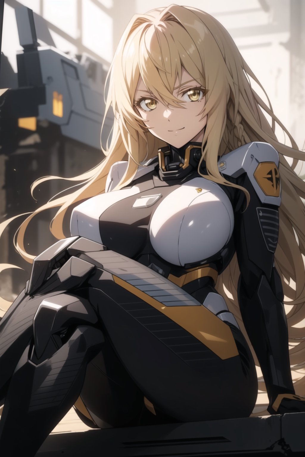 Azest kingscrown, long blonde hair, yellow eyes, (face focus:1.2) (large breasts:1.2), face focus, looking at viewer,solo ,high quality, best quality, masterpiece, ultra detailed, 4k, 8k, beautiful, (destroyed buildings background), blonde eye lashes, light smile, arms cutout, white mechanical suit,mecha musume,rishe, sitting on rubbles, burning buildings, night, crossed legs, white and black suit