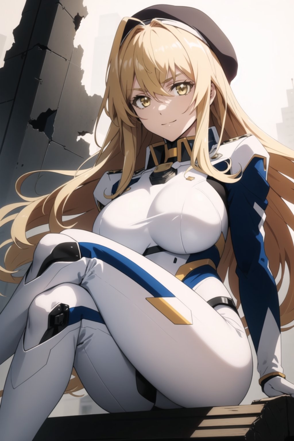 Azest kingscrown, long blonde hair, yellow eyes, (face focus:1.2) (large breasts:1.2), face focus, looking at viewer,solo ,high quality, best quality, masterpiece, ultra detailed, 4k, 8k, beautiful, (destroyed buildings background), blonde eye lashes, light smile, arms cutout, white mechanical suit,mecha musume, sitting on rubbles, burning buildings, night, crossed legs, white and blue suit, (black military berret:1.3), berret