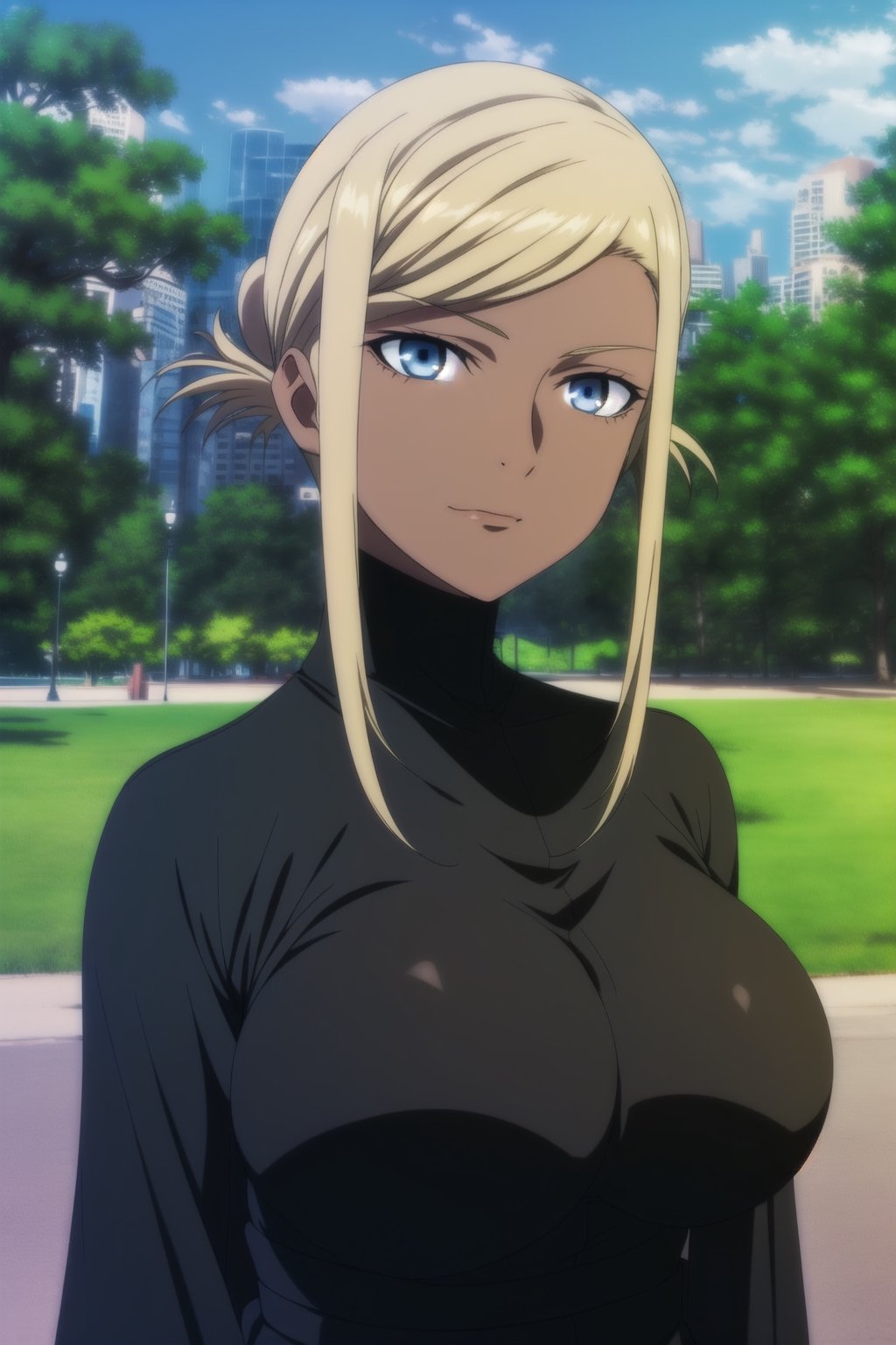 Awashima seri, (blonde hair:1.2), blue eyes,(face focus), (large breasts:1.2), looking at viewer, solo ,high quality, best quality, masterpiece, ultra detailed, 4k, 8k, beautiful, (park background:1.2), light smile,black rubber suit, seri,(baggy abaya:1.2) , dark skin,tan