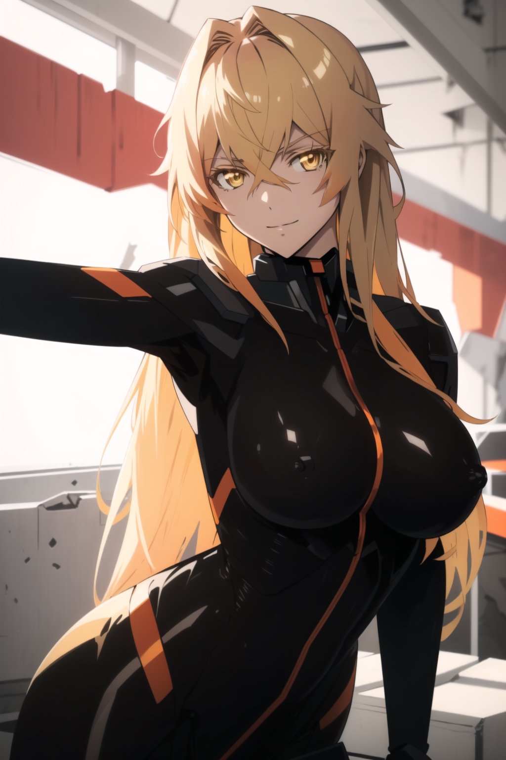 Azest kingscrown, long blonde hair, yellow eyes, (face focus:1.2) (large breasts:1.2), face focus, looking at viewer,solo ,high quality, best quality, masterpiece, ultra detailed, 4k, 8k, beautiful, (destroyed city background), (black and orange mecha suit:1.3), light smile ,mecha musume, black mecha suit