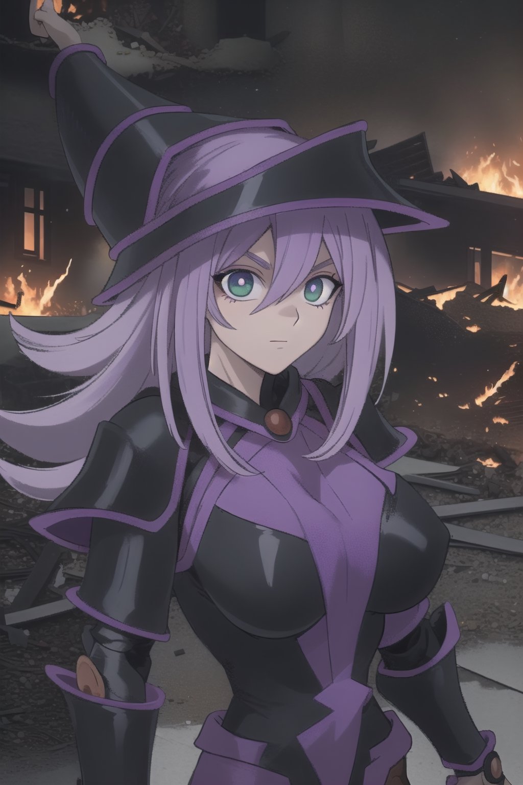 DMG,hmdmg1, ((masterpiece)), destroyed building, (burned buildings:1.3), (flames:1.2), night,masterpiece, high quality, best quality, 8k, high resolution, gigantic breasts, looking at viewer, (face focus:1.2), very evil, evil green eyes, (white and purple hair:1.4), black and purple armour, dark magician girl, standing_up, (upper body:1.2), (black rubber bodysuit:1.4), (black armour:1.4),head gear, dynamic, 