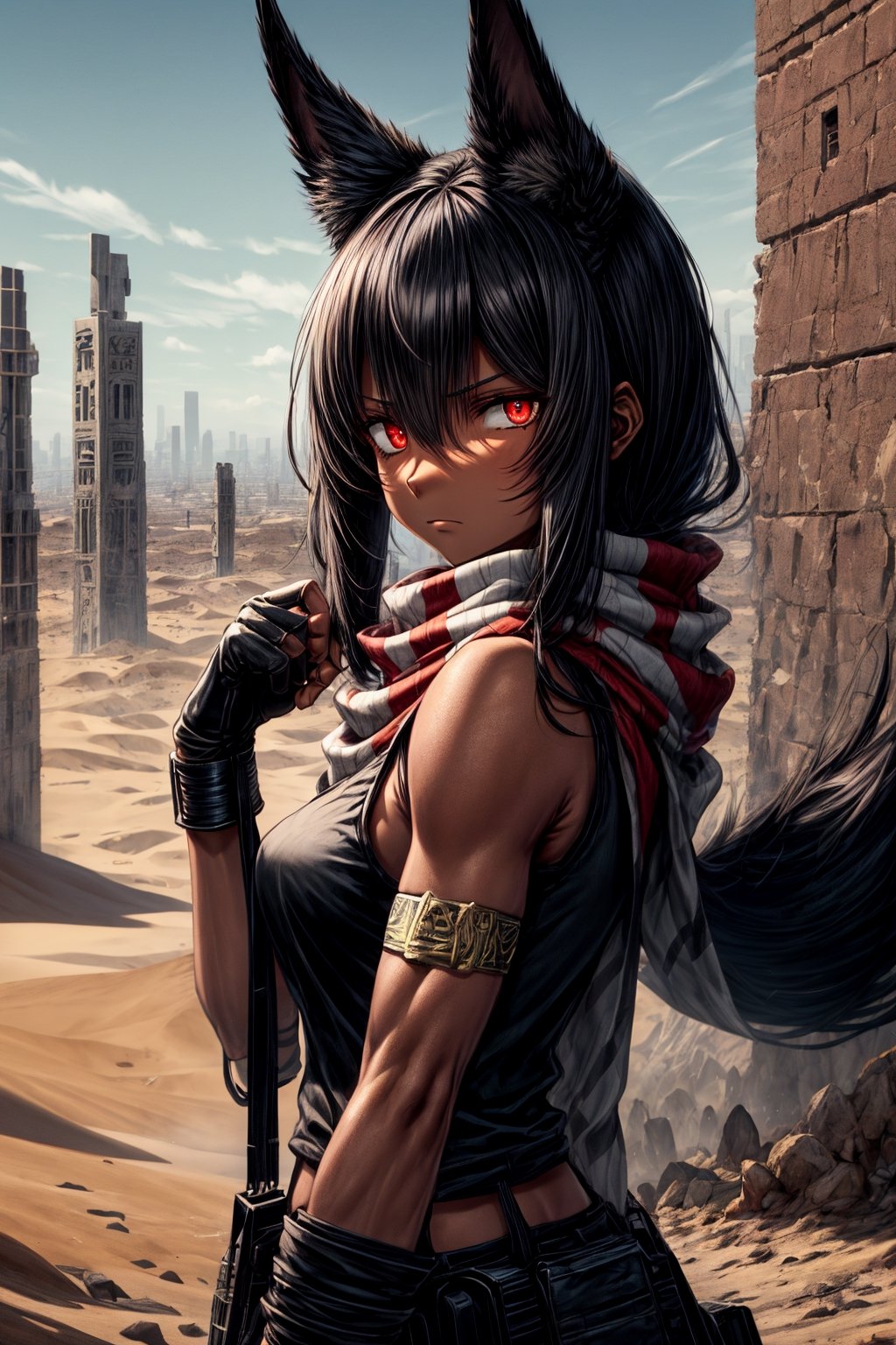 solo mature female,buff,red eyes,long black hair,anubis tail,anubis ears,dark tan skin,desert city background,scarf,black sleeveless shirt,stern expression,tactical gear,fingerless_gloves,