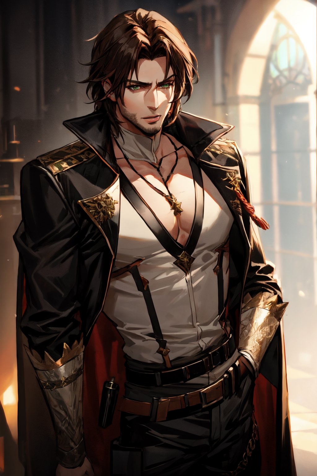 solo_male,brown_hair,emerald_eyes,high_resolution,trevorbelmont,black_clothes,spikey_hair