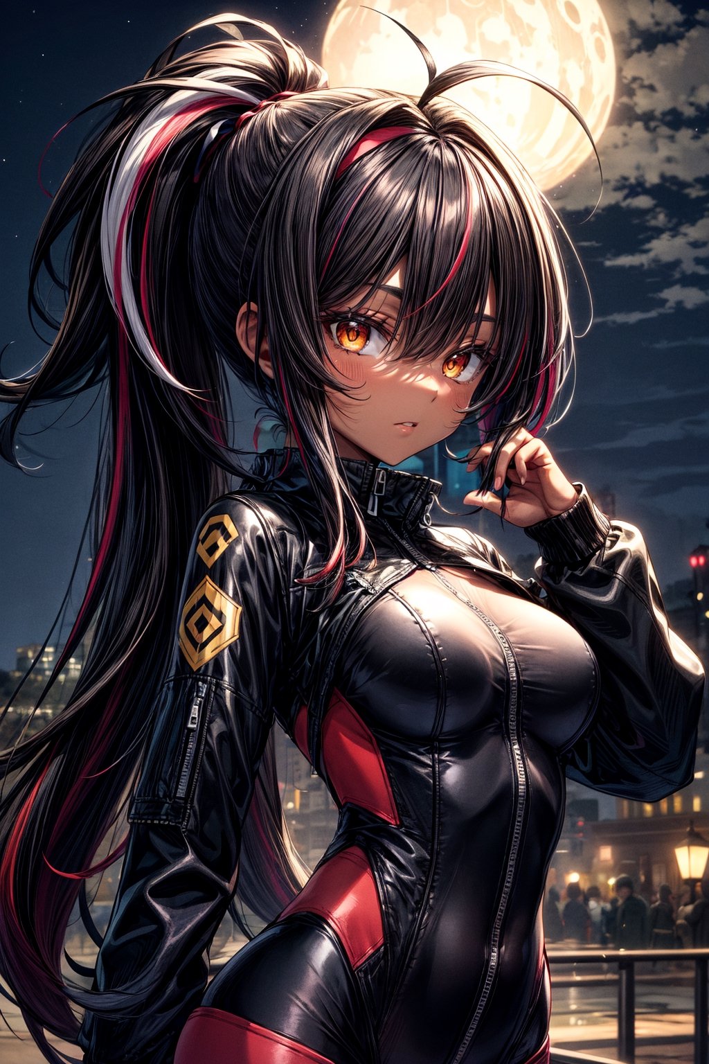 masterpiece, best quality, absurdres,portraitz, juliettebodysuit, juliette, skin tight,cropped sprots jacket,orange eyes,dark black hair,long hair,long ponytail,multicolored hair,streaked hair,medium breasts,night outdoors,ahoge,dark tan skin,long headband,