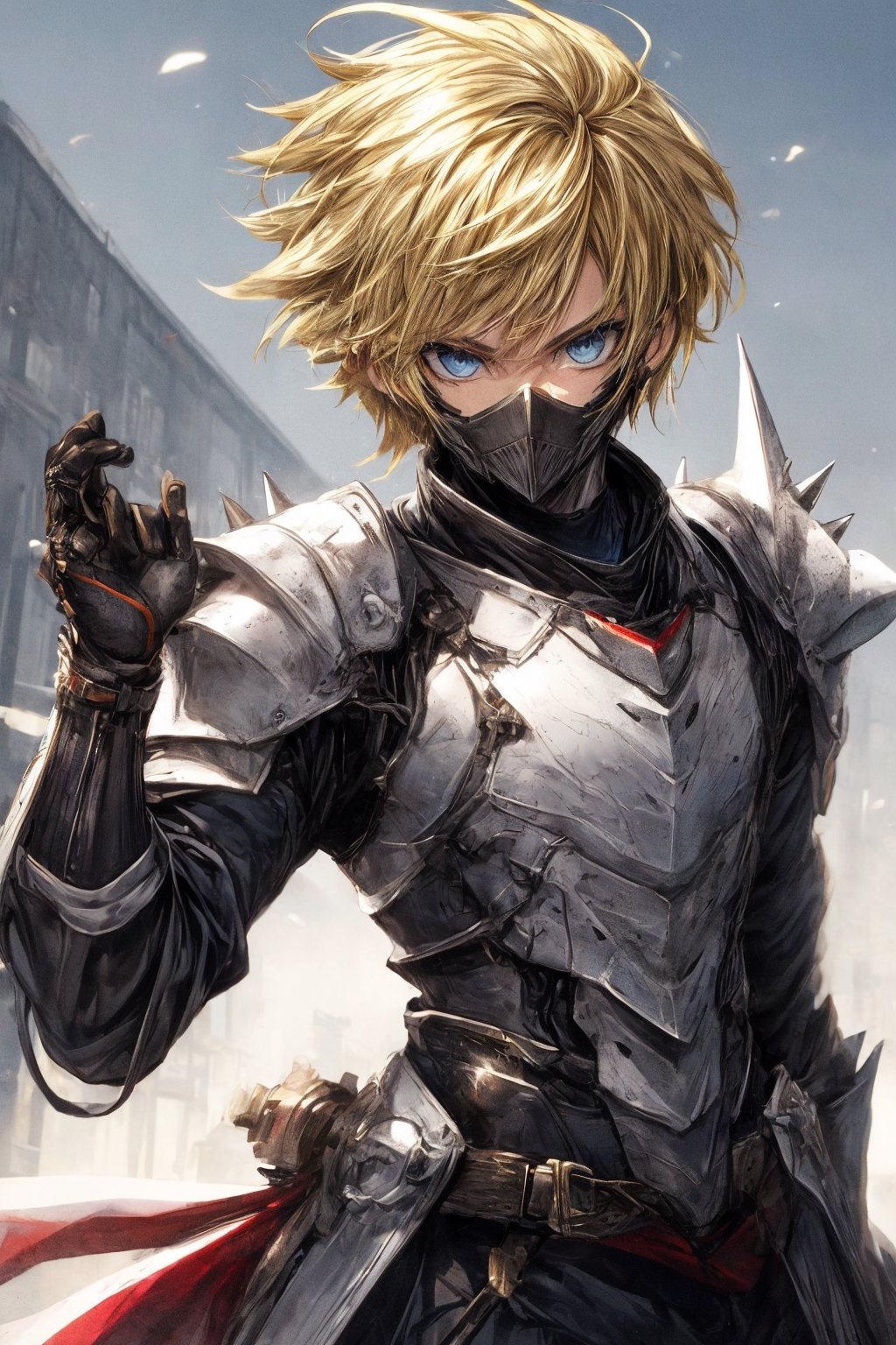 solo male, knight armor, spiky blonde hair,blue eyes,wrenchsmechs