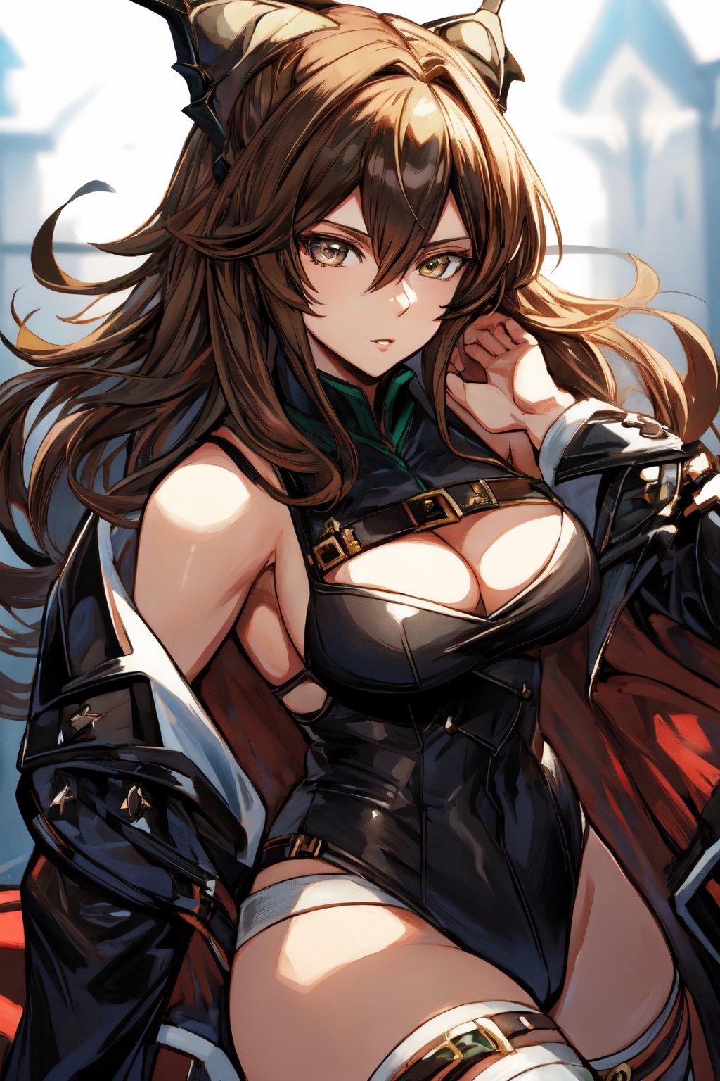 solo_female,brown_hair,emerald_eyes,high_resolution,trevorbelmont,black_clothes,spikey_hair,ramlethal valentine