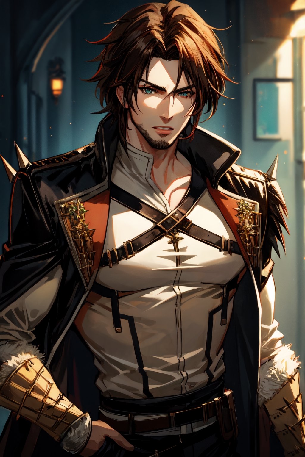 solo_male,brown_hair,emerald_eyes,high_resolution,trevorbelmont,black_clothes,spikey_hair