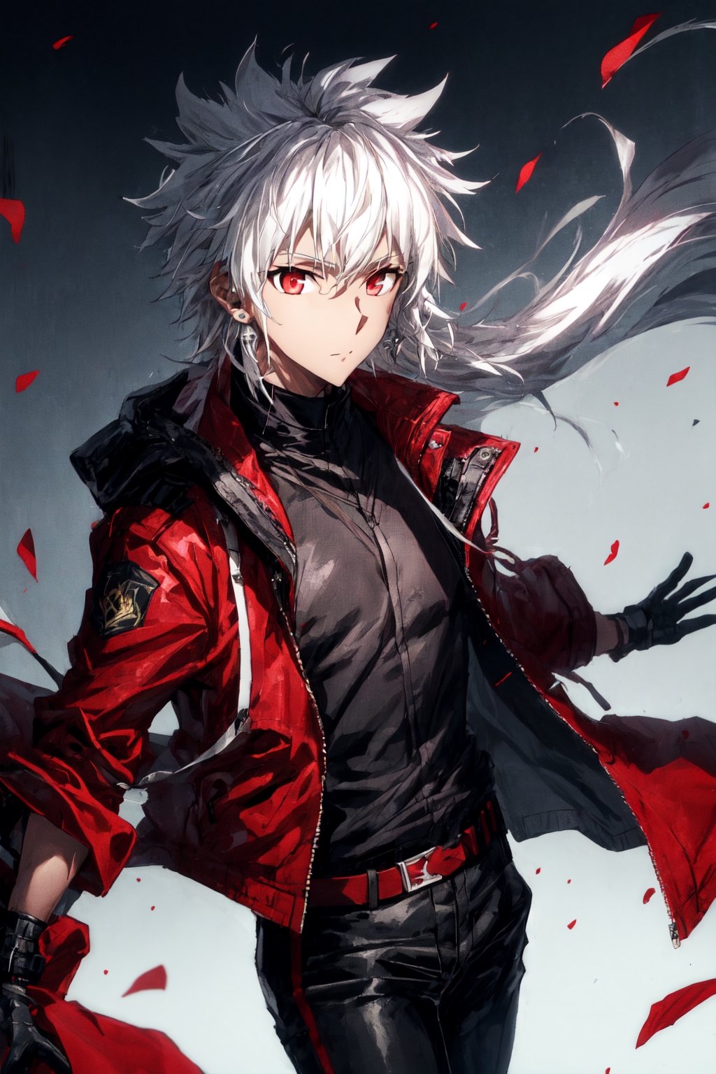 solo male,white hair,red eyes,black shirt, black pants,red jacket,