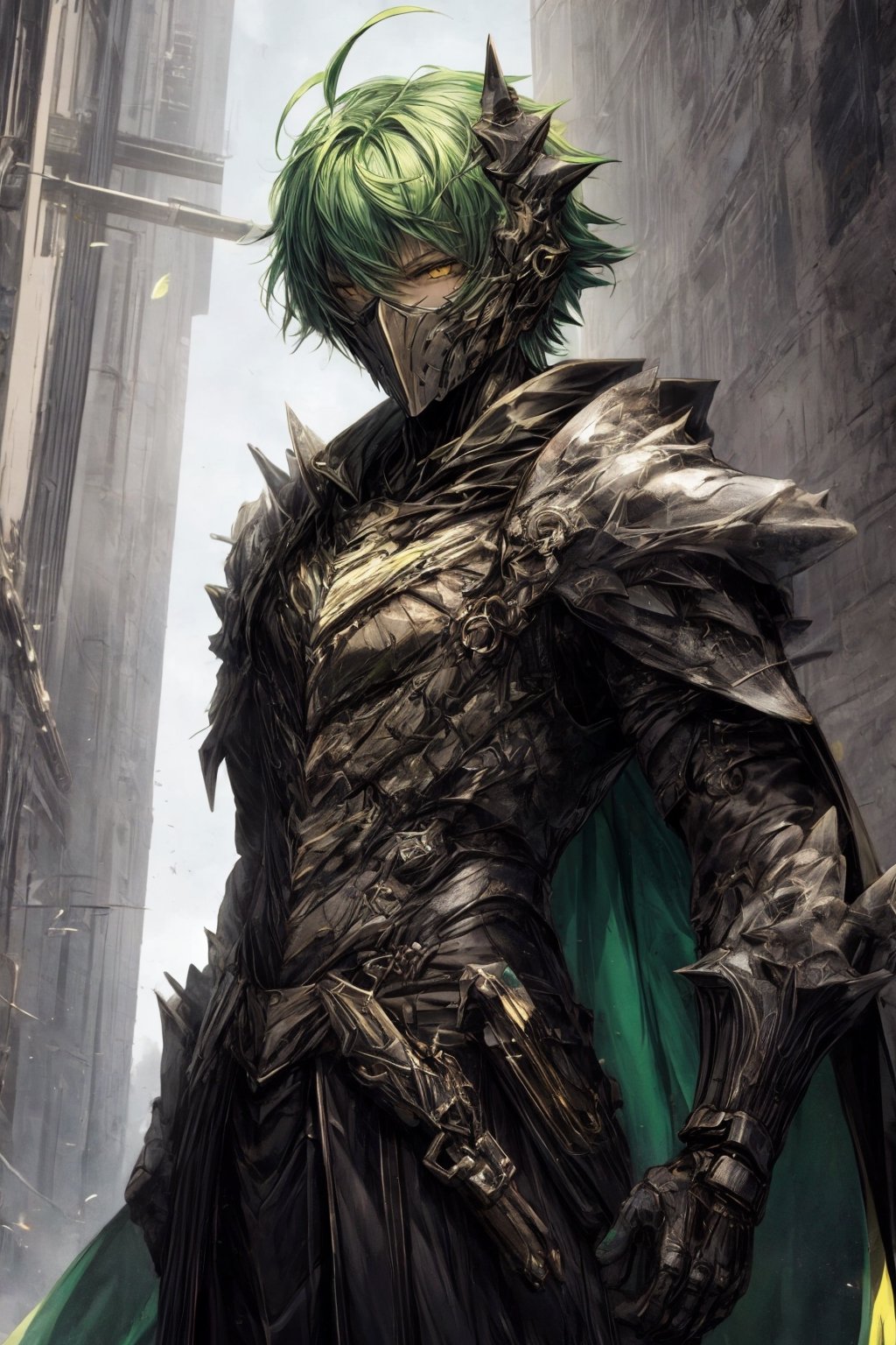 solo male,black knight armor, spiky green hair,yellow eyes,wrenchsmechs,no spikes on amror,cape,