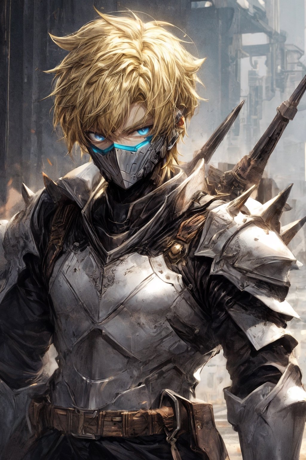 solo male, knight armor, spiky blonde hair,blue eyes,wrenchsmechs