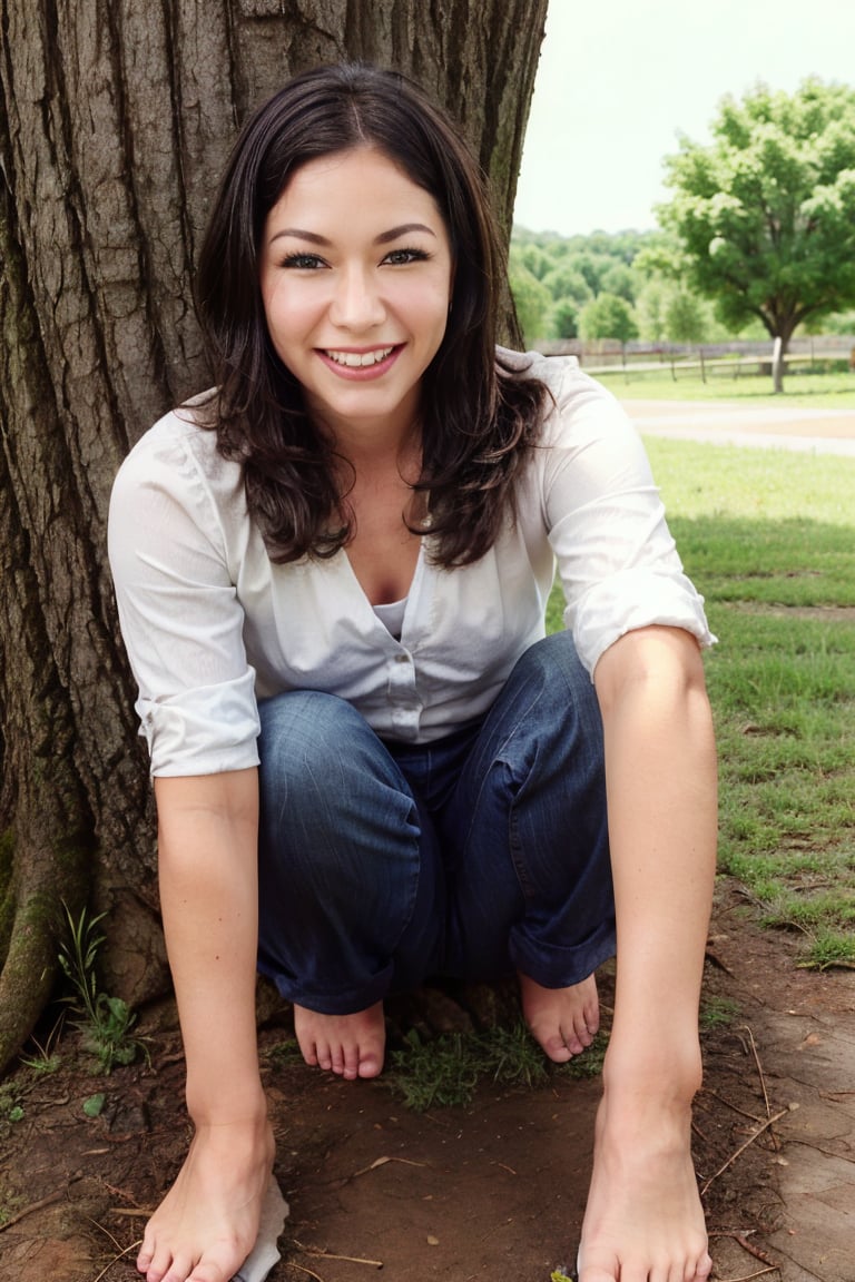     1girl, solo, looking at viewer, smile, black hair, outdoors, one eye closed, barefoot, pants, grin, tree, own hands together, ground vehicle, motor vehicle, realistic, photo background
