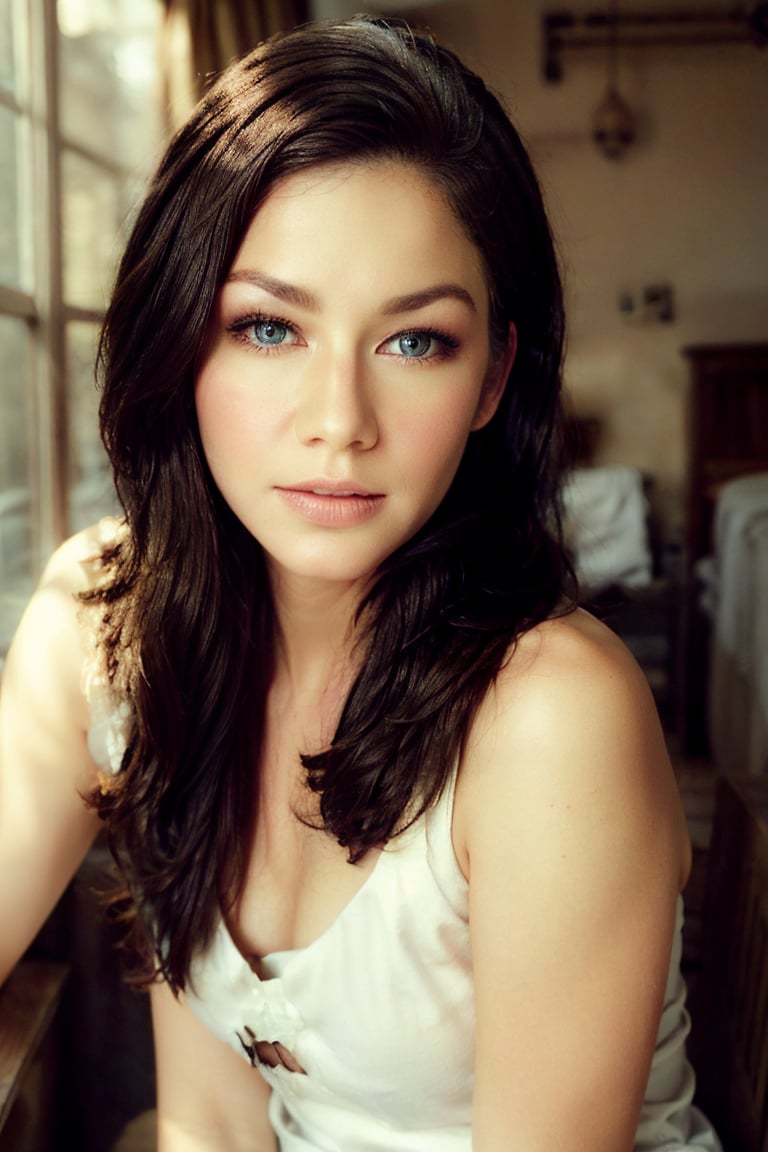 Portrait of a young female with natural beauty, blue eyes, and long brown hair, soft focus, film grain, natural lighting