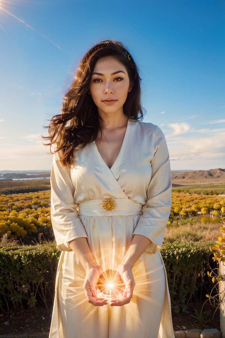 Amaterasu, the radiant sun goddess, stands in a majestic celestial realm, surrounded by golden sunbeams that illuminate the land below. Her long, white robe flows in the wind as her face glows with light. In her hands, she holds a shining sun symbol that hovers above the earth, spreading warmth and life. Behind her, clouds glow in warm shades of orange and yellow, and her presence radiates strength and divinity. The sky seems to bloom with her power as she gazes down upon the world.