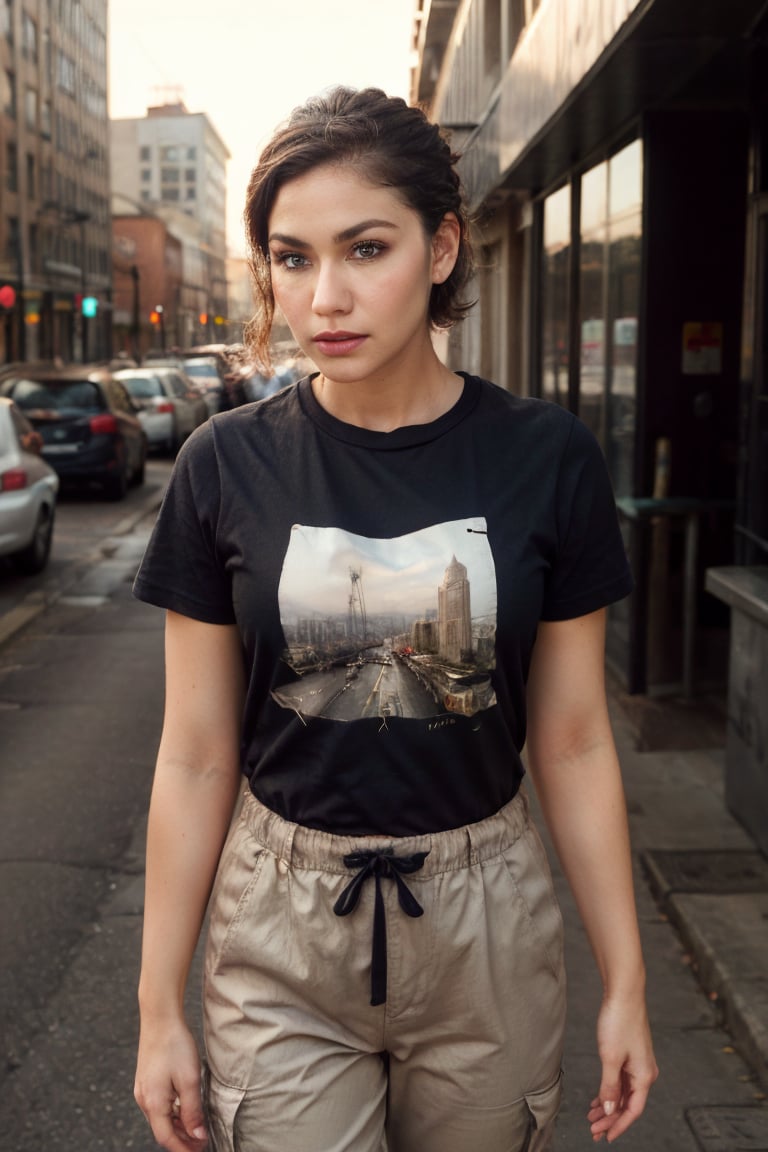 photography, front view, dynamic range, female model, upper-body, black T-shirt, dark khaki cargo pants, urban backdrop, dusk, dramatic sunlights, bokeh, cityscape, photorealism, natural, UHD --ar 9:16 --stylize 300