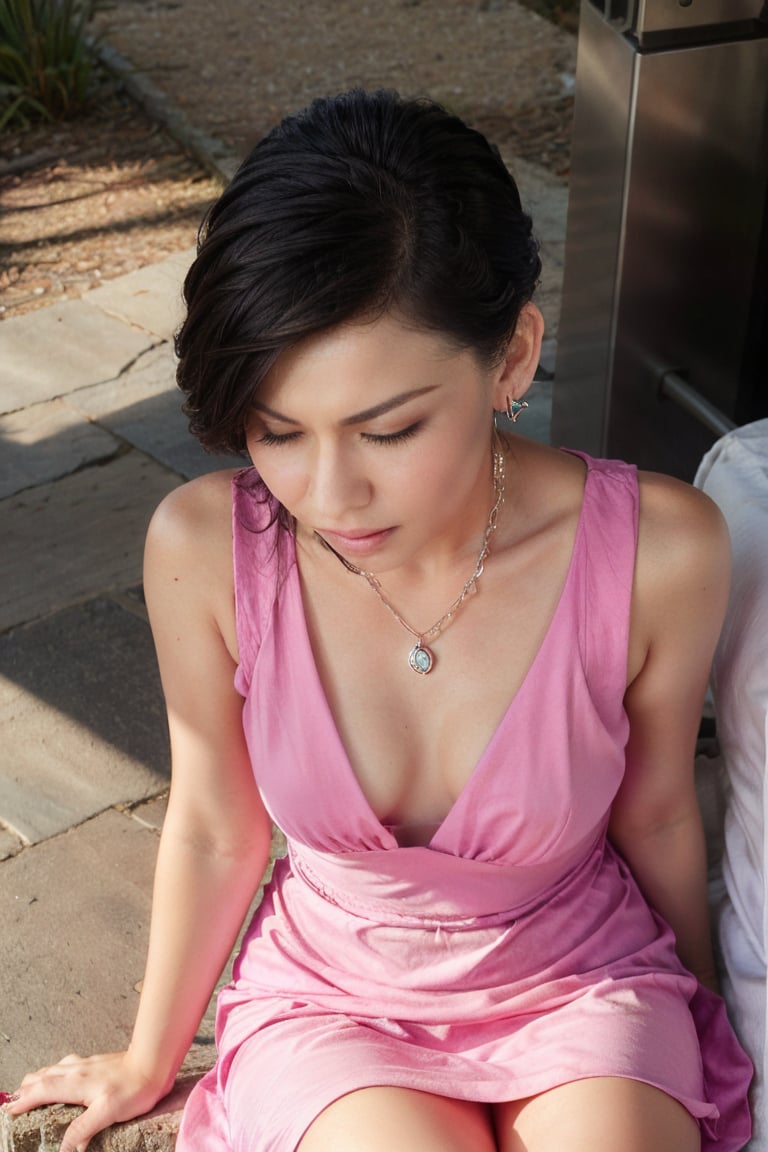     1girl, solo, short hair, black hair, dress, jewelry, sitting, closed eyes, earrings, necklace, lips, pink dress, realistic
