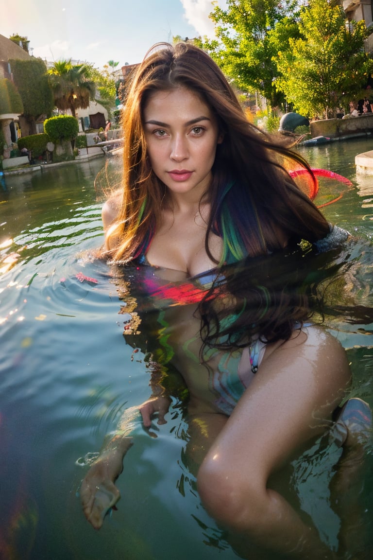 Hyper-realistic, photorealistic portrait of an attractive woman with green eyes floating in water, covered by multicolored light effects, shiny and glossy, vibrant colors, dreamy atmosphere, colorful reflections on her skin, she is wearing long hair, high resolution, cinematic, dynamic lighting, fantasy
