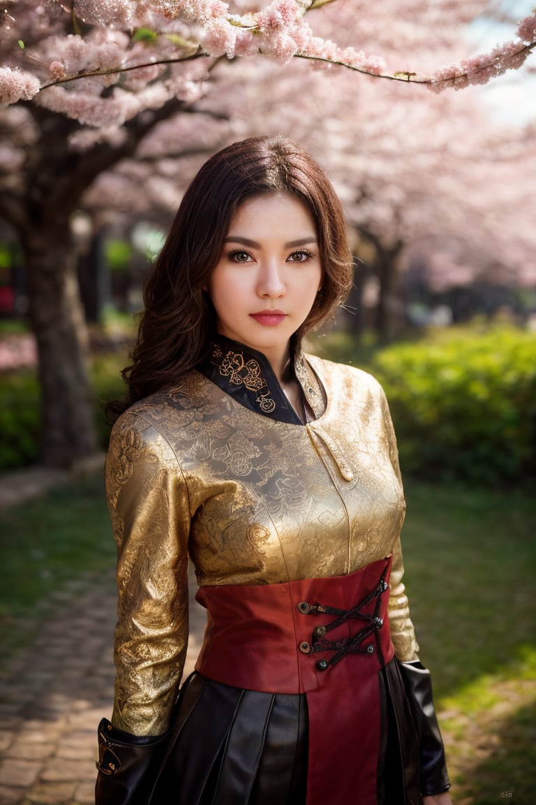 Tilt-shift photo of masterpiece,perfect anatomy,32k UHD resolution,best quality,RAW,vibrant,(vivid color:1.2),realistic photo,professional photography,highly details,depth of field,model pose angle,Official art,Femme fatale style female,cherry blossom-themed korean armor with delicate petals,steampunk city,Quantum Garden,floating platforms,gears,brass aesthetics,(korean fantasy:1.3),light,crisp,focus,extremely detailed,fantastic composition,cinematic atmosphere,dynamic dramatic ambient background,precise perfect scientific artistic,beautiful intricate,highly detail,created,very inspirational,stunning,rich colors,fabulous,dazzling,brilliant,complex,, ultra detailed, intricate details, 8k, hdr, global illumination, golden hour, chiaroscuro, Bokeh . Selective focus, miniature effect, blurred background, highly detailed, vibrant, perspective control
