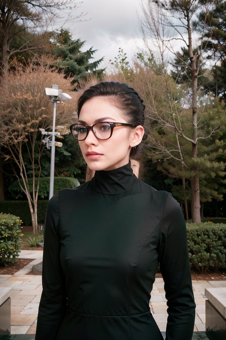 [High-resolution cinematic fashion editorial, shot on 35mm film], [Asian supermodelmodel with pale skin, wearing a sleek, futuristic black gown with structured shoulders, a high neck, and exaggerated long sleeves, accessorized with oversized, angular sunglasses], [standing in a dense fog-covered landscape with barely visible silhouettes of trees in the background], [moody, diffused lighting with muted tones and minimal contrast, creating an eerie and futuristic atmosphere], [centered pose with a commanding and stoic expression, the model gazing forward, exuding a sense of mystery and power], [shot on Kodak Portra 800], [dark black, muted gray, and pale green palette]