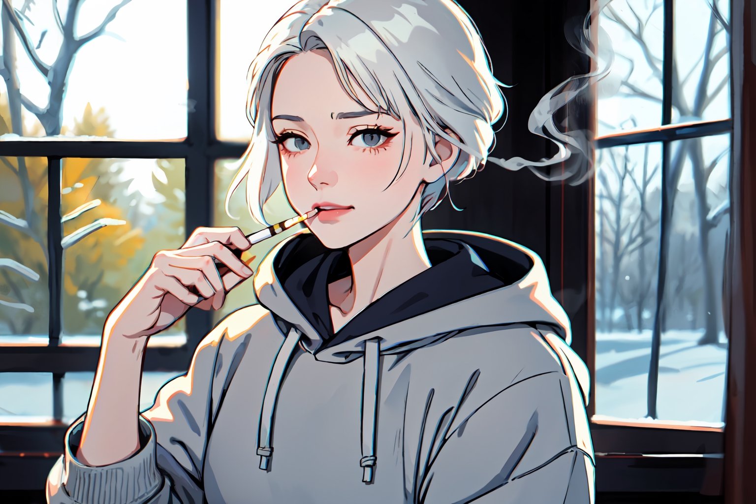 3dmm style, 1girl, jett, hair twirling, (masterpiece), uhd, soft lighting, (grey hoodie, white hair, late winter background, window, late winter, shushing, sadness face, sad eyes, smirked, low-angle view, panoramic view long shot, looking at viewer), Jett \(valorant\), ((hold a cigarette, smoking))